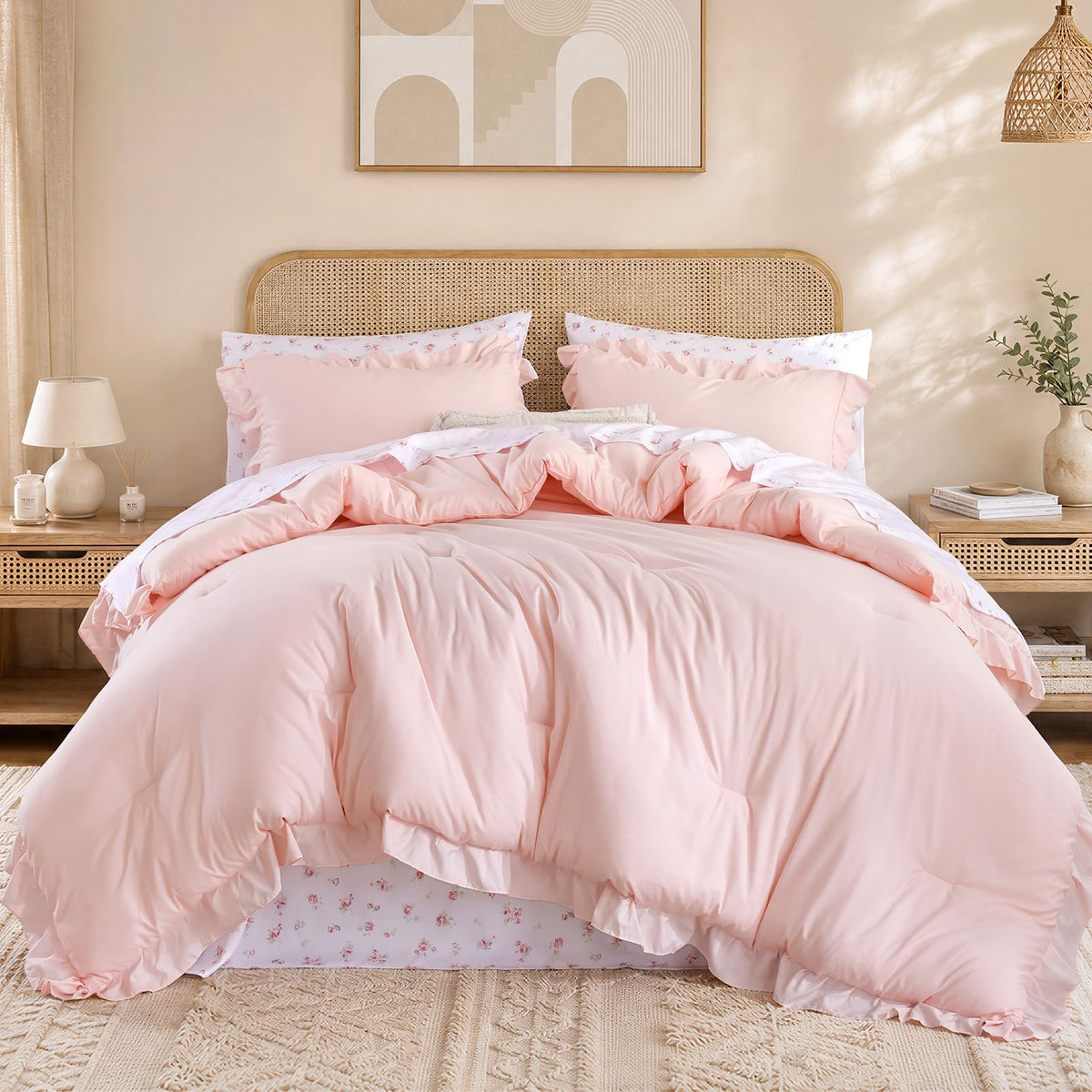 JANZAA Ruffle Queen Comforter Set with Floral Sheets 7 Pieces Cream White