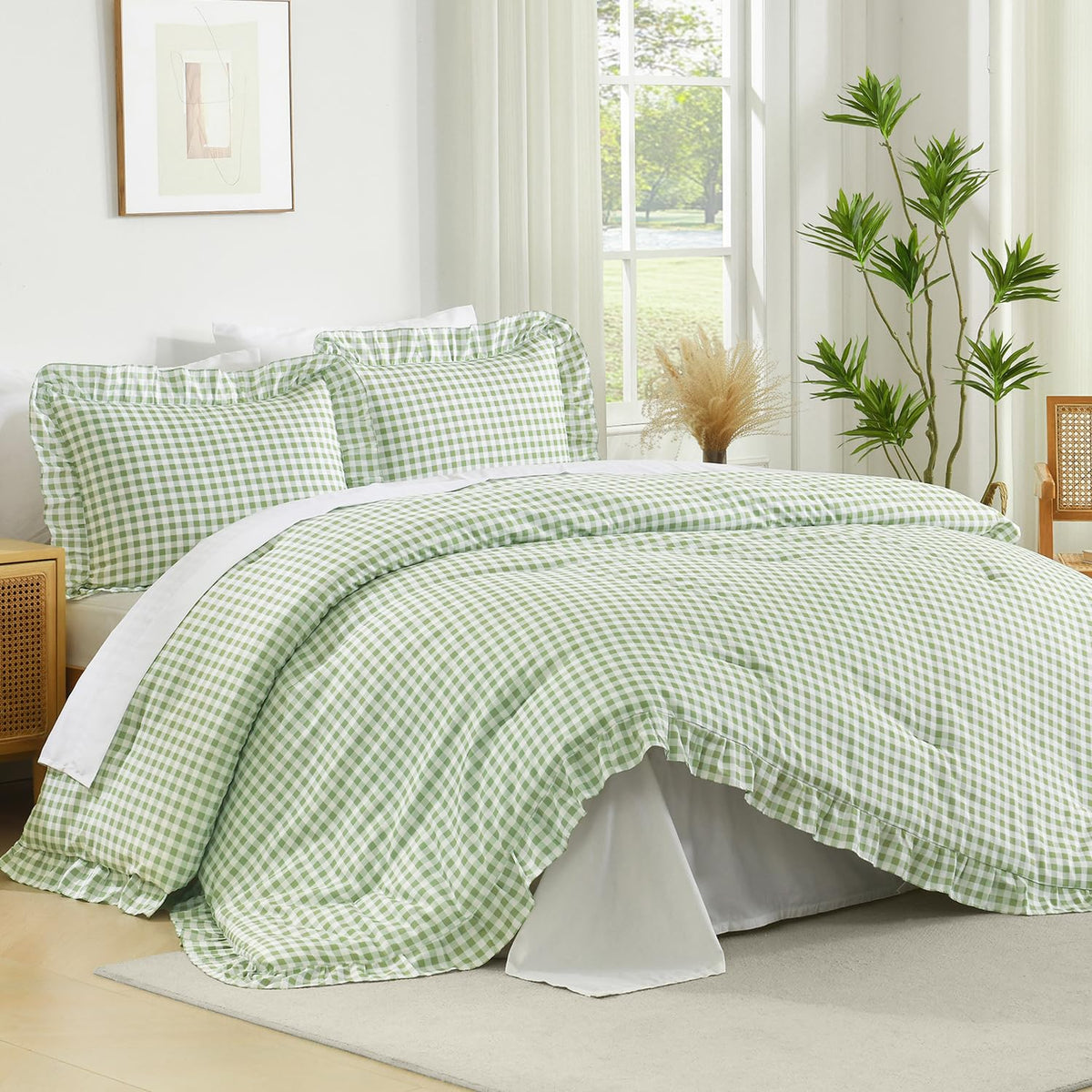 Andency White Comforter Set Queen Size, 3 Pieces Ruffle Farmhouse Bed Set