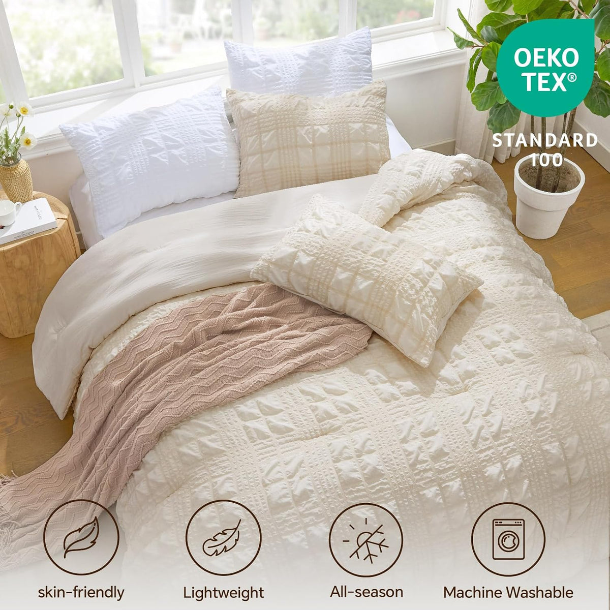 BEDELITE Queen Comforter Set, Seersucker Bedding Set 3 Pieces, Cream