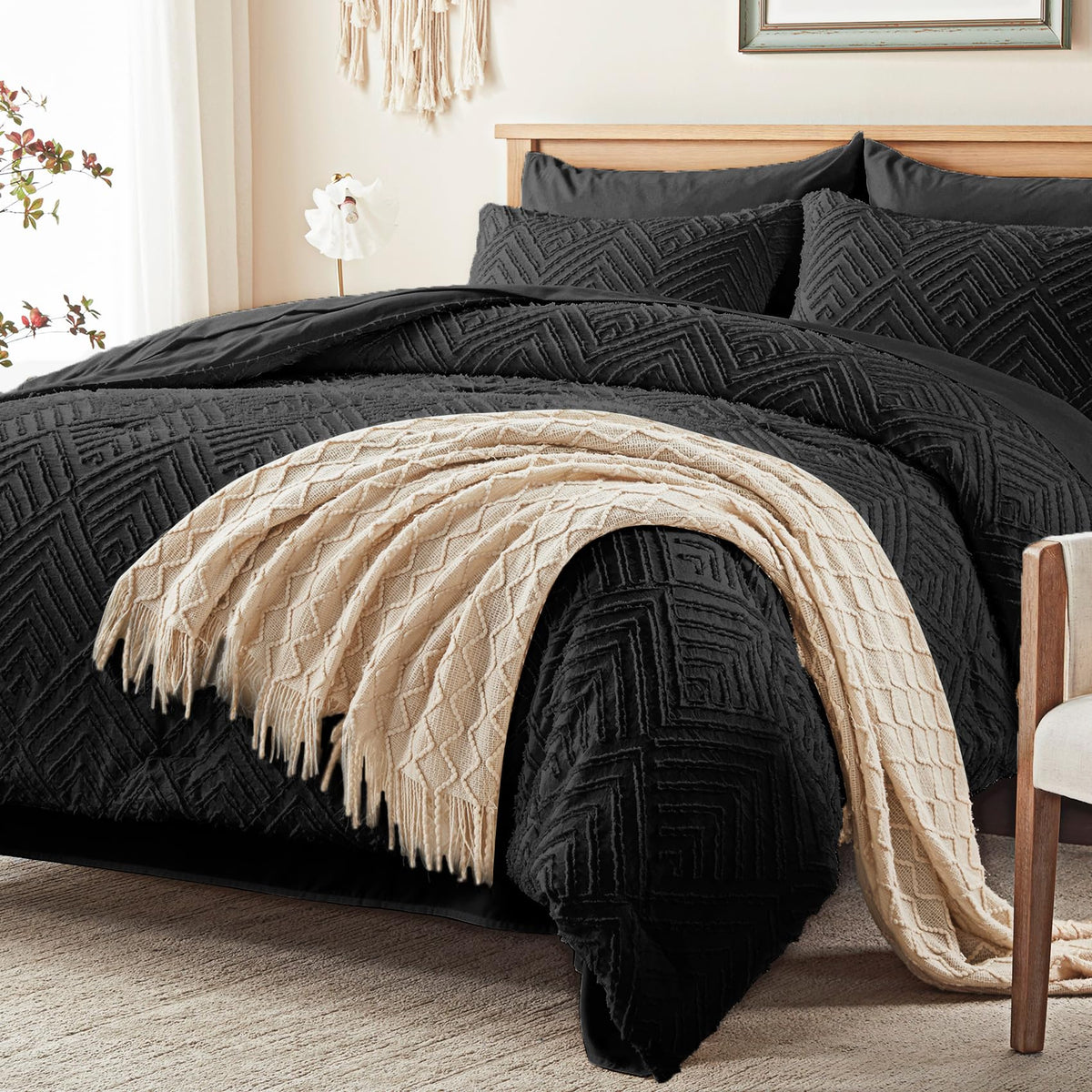 Zzlpp Queen Comforter Set 7 Piece, Beige Bed in a Bag Queen Bedding Sets
