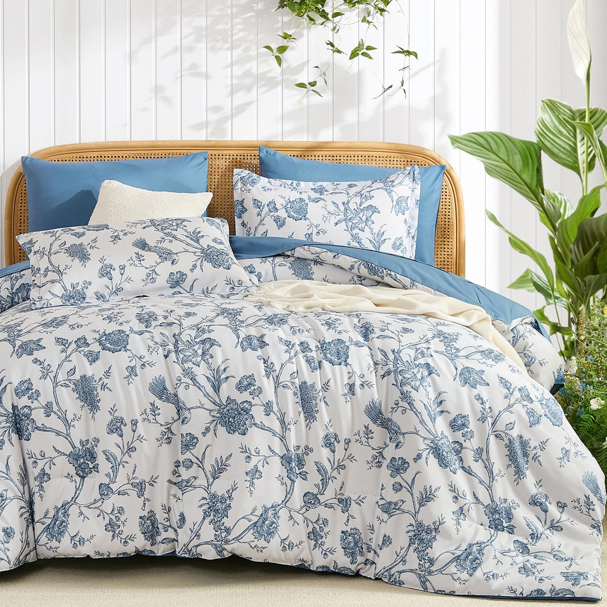 Luxudecor Sage Green Floral Queen Comforter Set, 7 Pieces Bed in a Bag