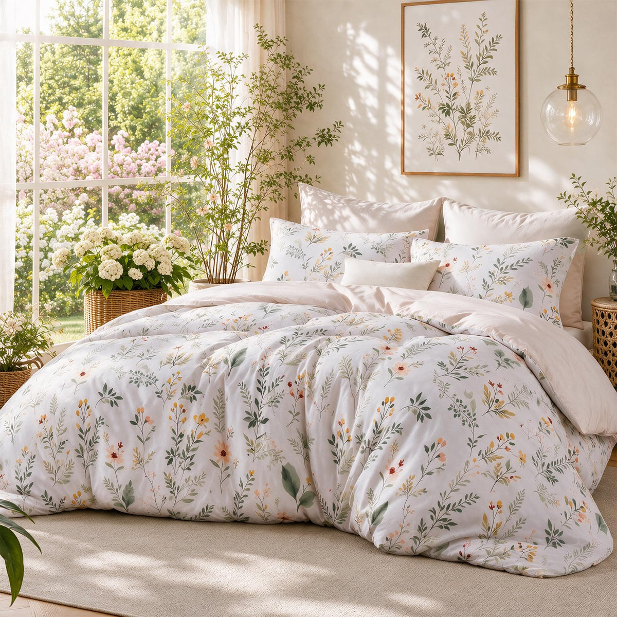 MUXHOMO Queen Comforter Set 7 Pieces, Sage Green Bed in a Bag Queen Reversible Botanical Flowers Design, Ultra Soft & Breathable Bedding Sets with Comforter, Sheets, Pillowcases & Shams