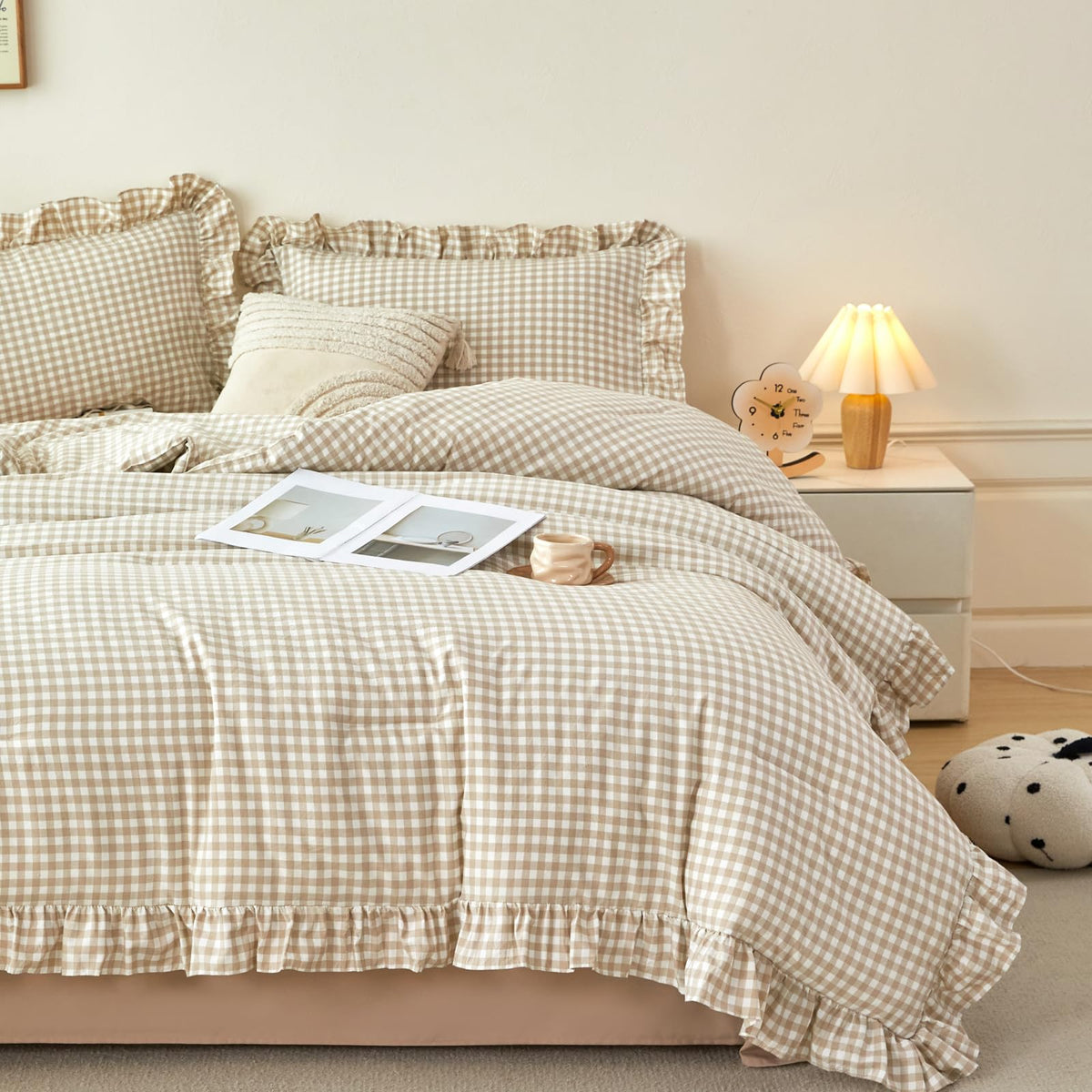 RYNGHIPY Yellow Gingham Comforter Set 5 Pcs Plaid Ruffle Full Bed in a Bag