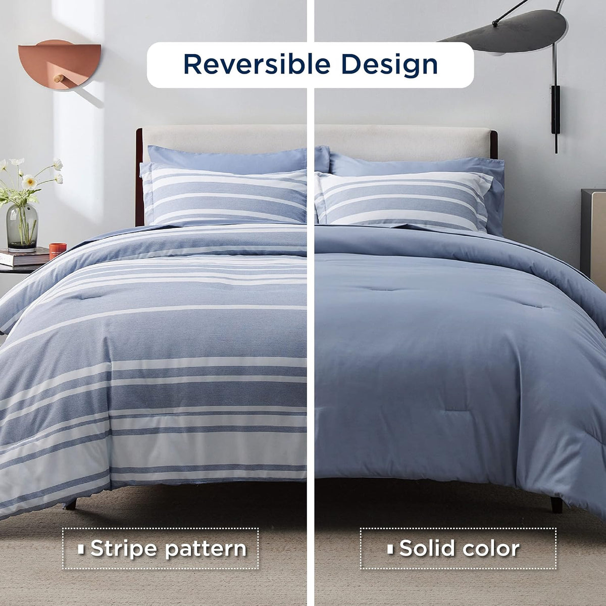 Bedsure Queen Comforter Set, Blue Striped Bedding Set, 7 Piece