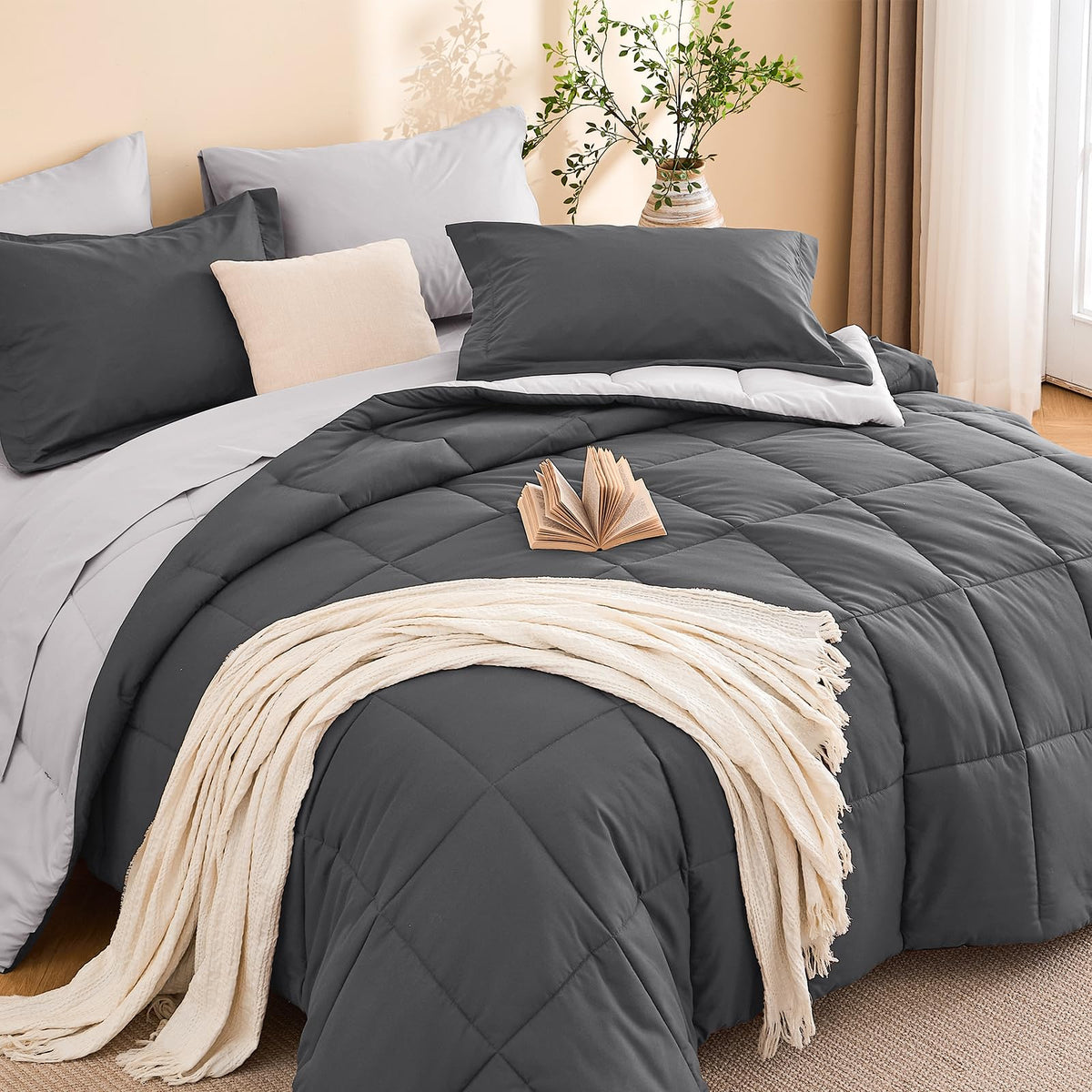 MUXHOMO Queen Comforter Set with Sheets Brown - 7 Pieces Bed in a Bag