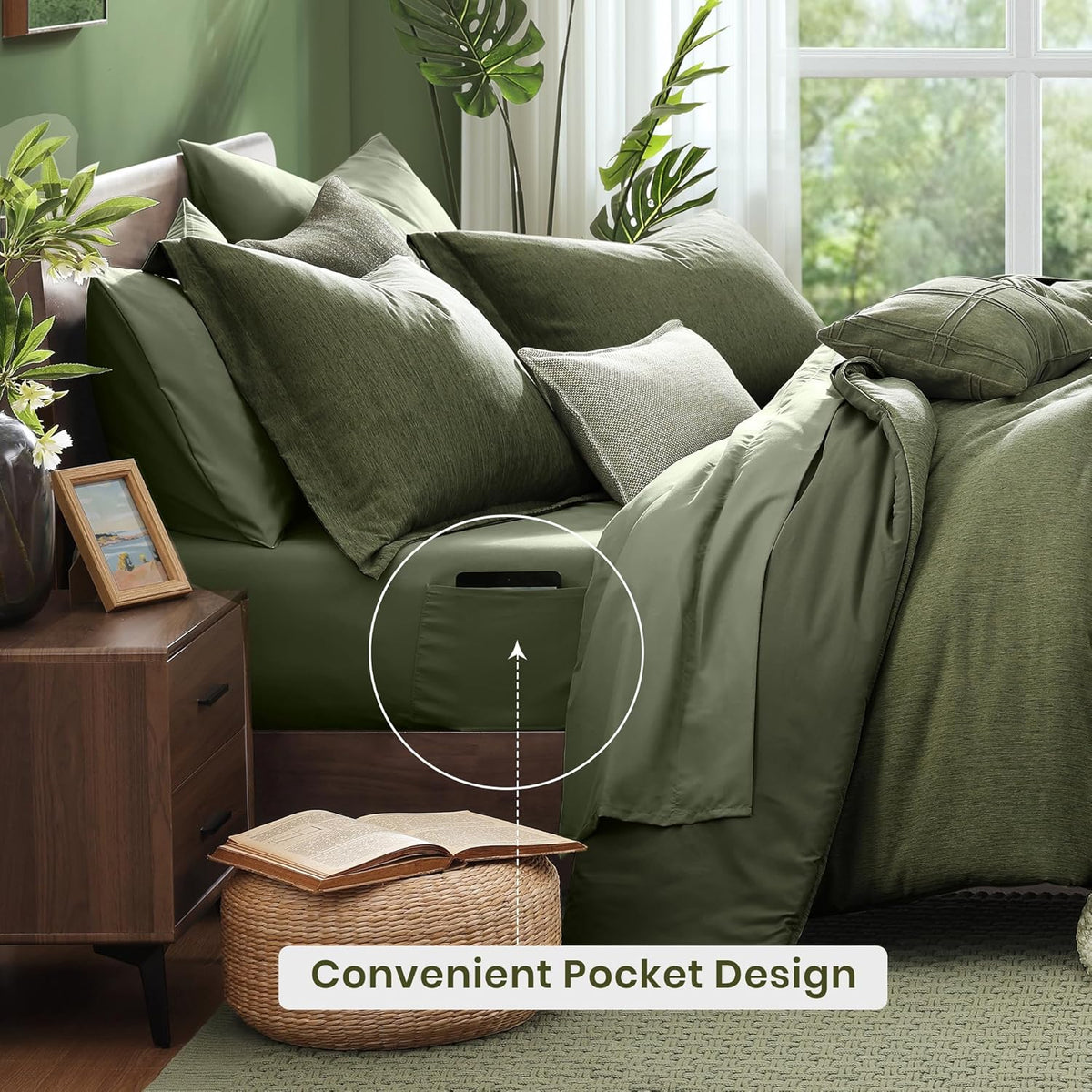 Monbix Queen Comforter Set 7 Pieces Cationic Green Bed in a Bag