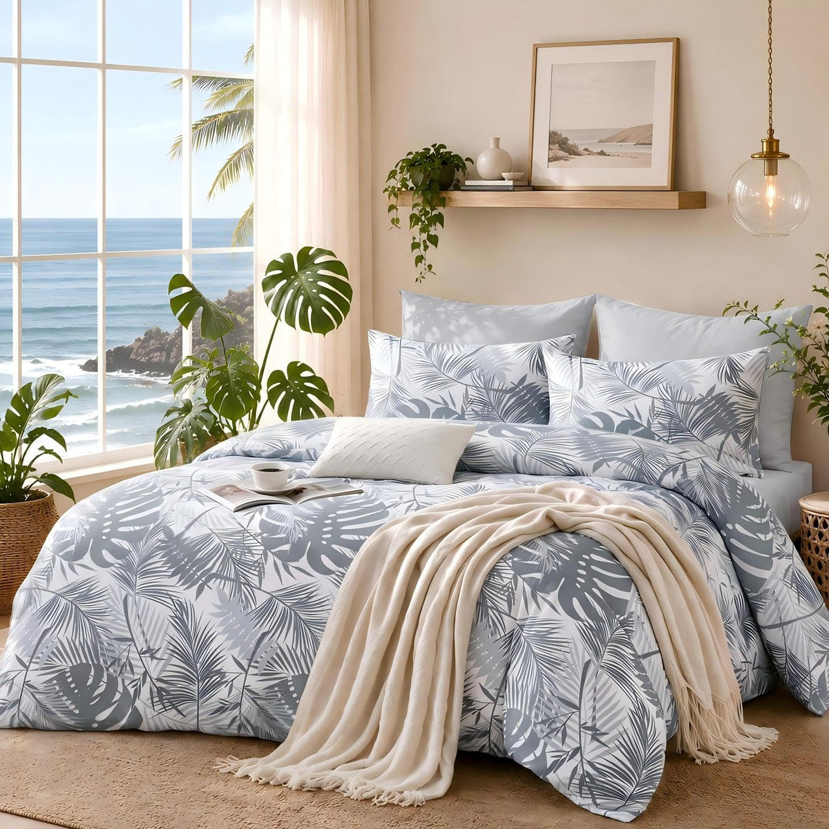 MUXHOMO Queen Comforter Set 7 Pieces, Sage Green Bed in a Bag Queen Reversible Botanical Flowers Design, Ultra Soft & Breathable Bedding Sets with Comforter, Sheets, Pillowcases & Shams