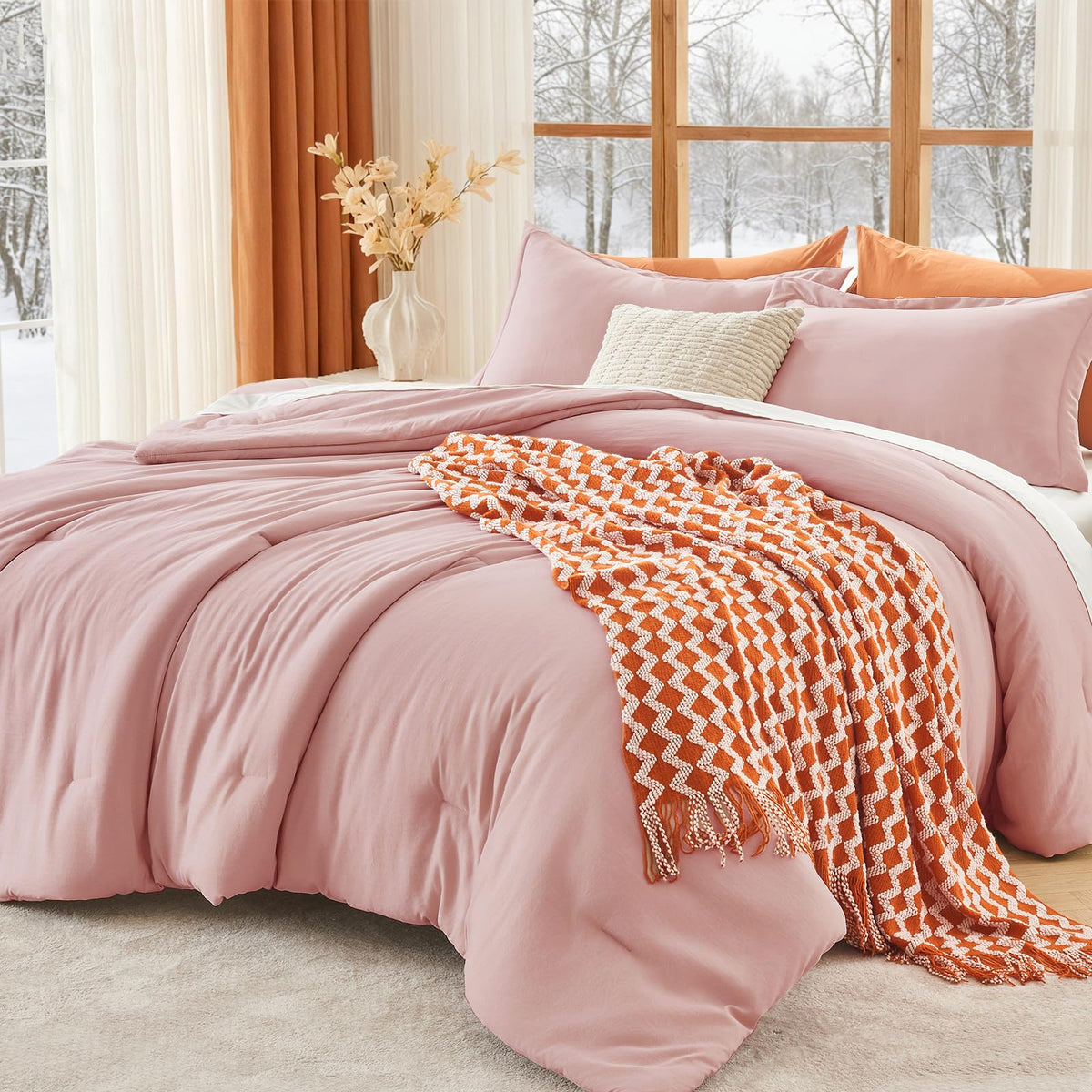 MUXHOMO Queen Size Comforter Set Beige, 3 Piece Solid Bedding for All Seasons, Warm Down Alternative Bed Set Includes 1 Lightweight Comforter (90"x90") and 2 Pillowshams (20"x26")