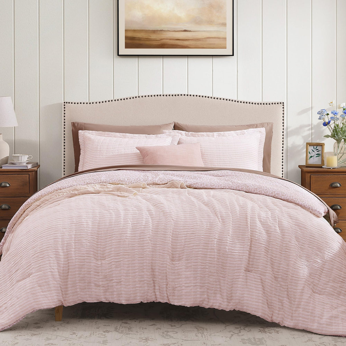 BLOOMHAVEN Queen Comforter Set-7 Pieces Green Plaid Floral Bedding Set