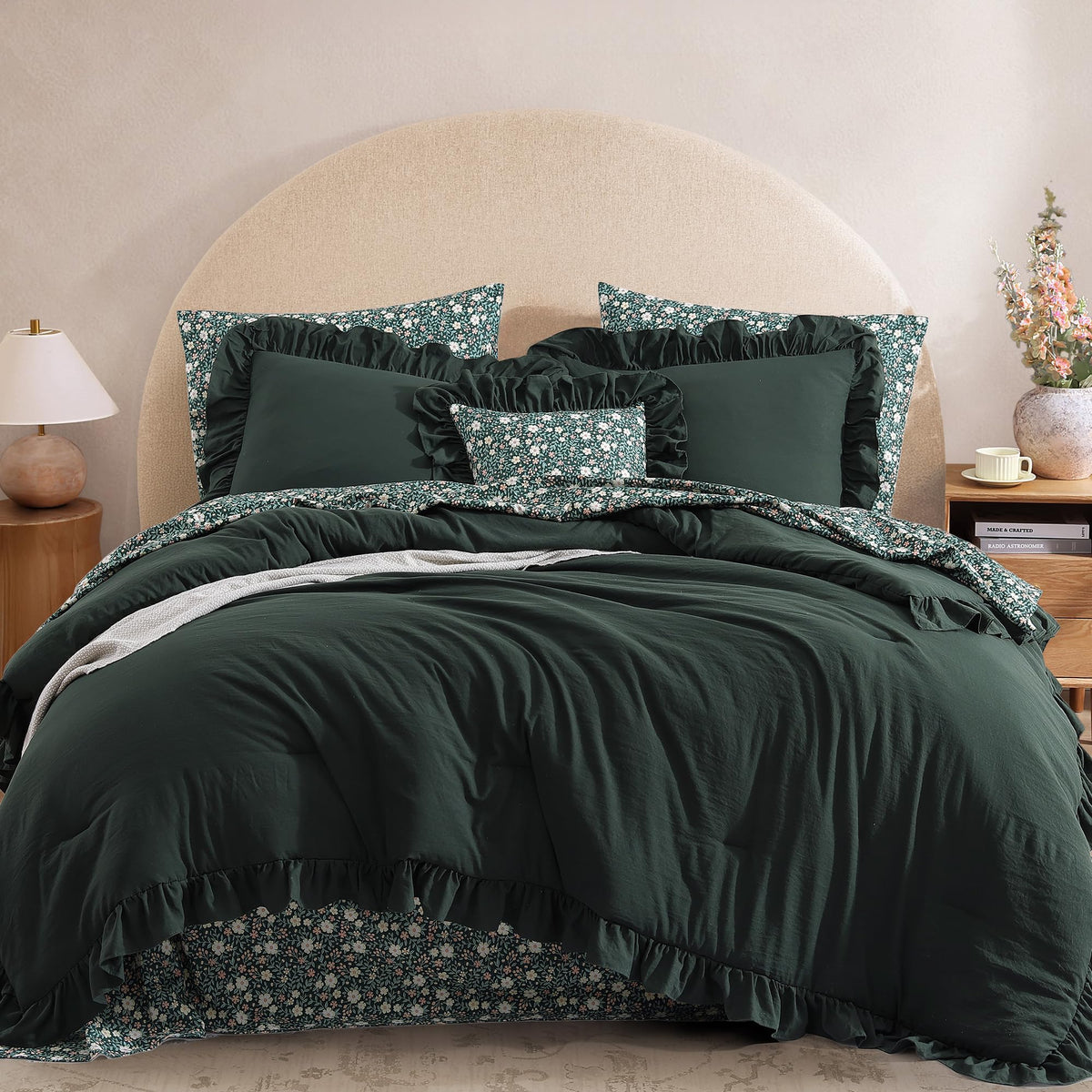 BLOOMHAVEN Queen Comforter Set-7 Pieces Ruffle Bedding with Floral Sheet