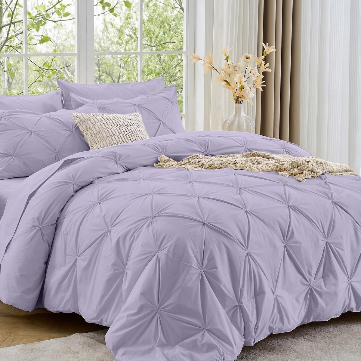 Sasttie Queen Comforter Set, 7-Piece Bed in a Bag, Pintuck Bedding Sets for All Season, Includes Comforter, Flat Sheet, Fitted Sheet, Pillowcases and Pillowshams, Beige