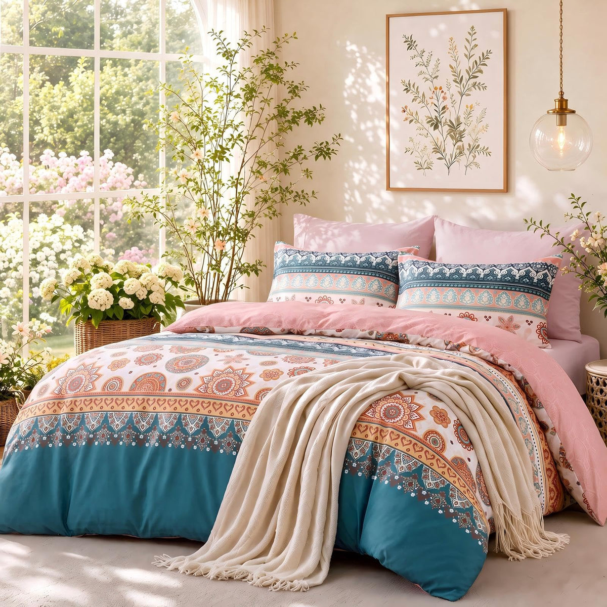 MUXHOMO Queen Comforter Set 7 Pieces, Sage Green Bed in a Bag Queen Reversible Botanical Flowers Design, Ultra Soft & Breathable Bedding Sets with Comforter, Sheets, Pillowcases & Shams