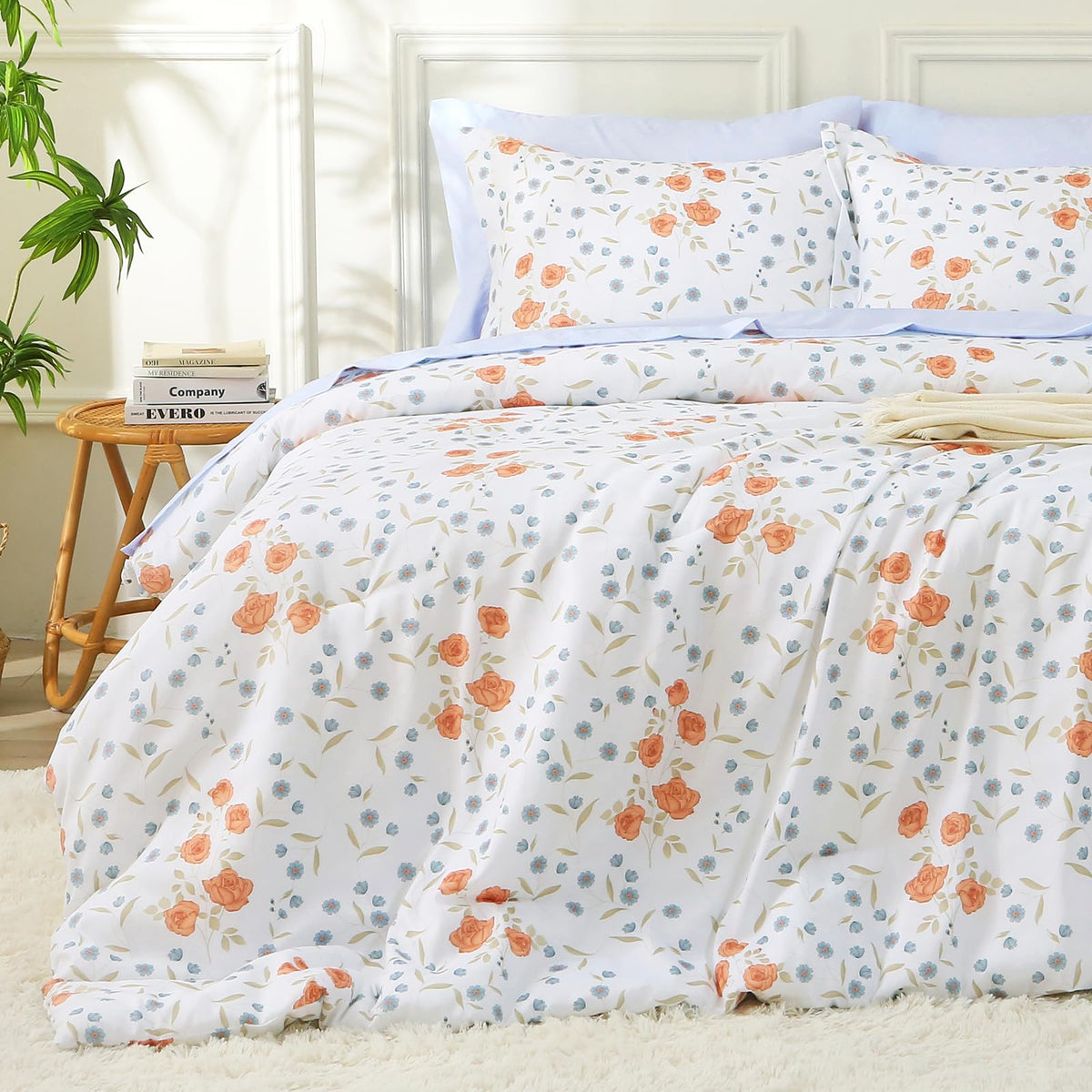 MUXHOMO Queen Comforter Set 7 Pieces, Sage Green Bed in a Bag Queen Reversible Botanical Flowers Design, Ultra Soft & Breathable Bedding Sets with Comforter, Sheets, Pillowcases & Shams
