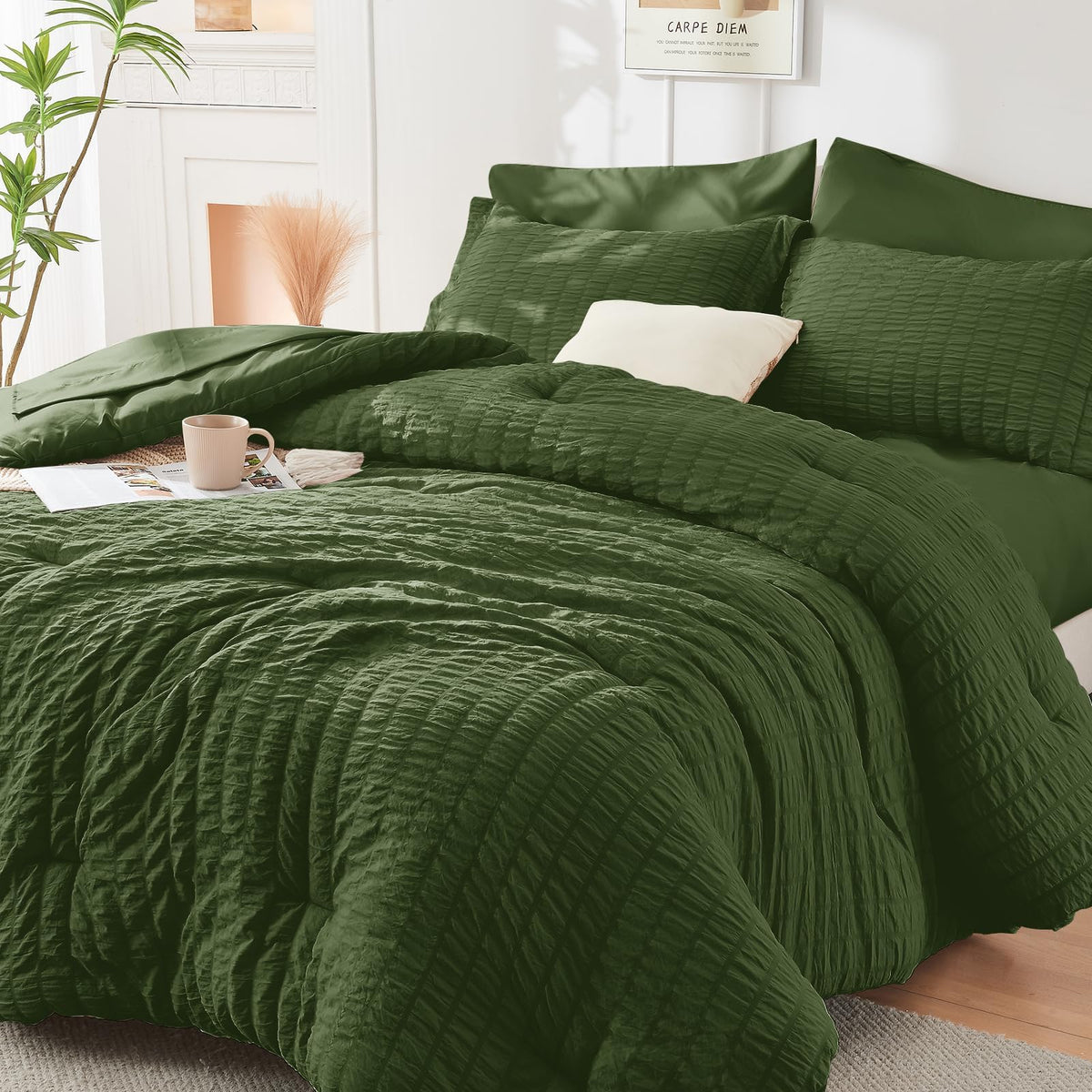 HYMOKEGE Queen Comforter Set Seersucker 7 Pieces, All Season Luxury Bed in a Bag for Bedroom, Bedding Set with Comforters, Sheets, Pillowcases & Shams, Dark Grey