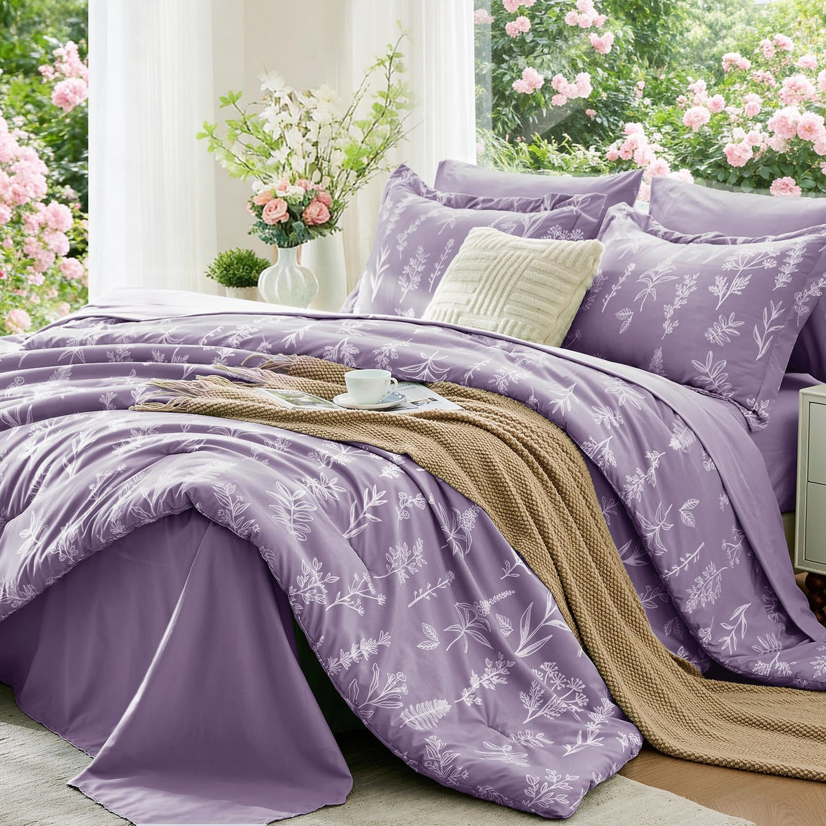 MUXHOMO Queen Comforter Set 7 Pieces, Sage Green Bed in a Bag Queen Reversible Botanical Flowers Design, Ultra Soft & Breathable Bedding Sets with Comforter, Sheets, Pillowcases & Shams