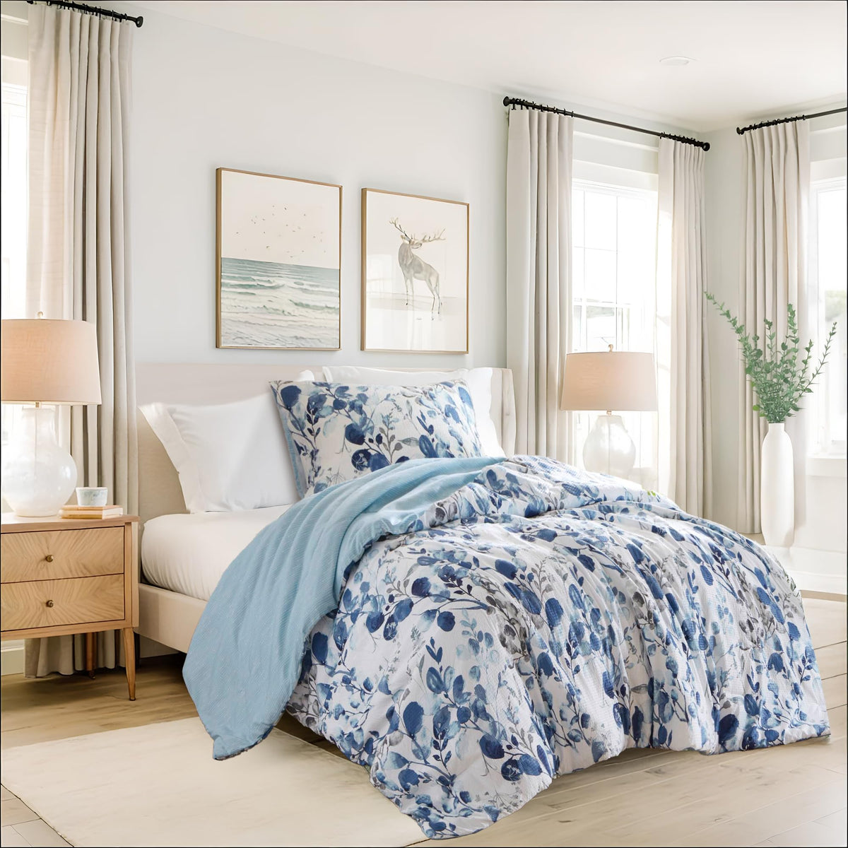 Lightweight Seersucker Botanical Comforter Set Queen Size, 3 Pieces Reversible Design with Striped Print, Premium Microfiber Bedding Set, Comforter and Sham Set, Green