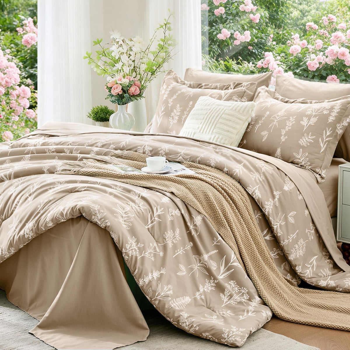 MUXHOMO Queen Comforter Set 7 Pieces, Sage Green Bed in a Bag Queen Reversible Botanical Flowers Design, Ultra Soft & Breathable Bedding Sets with Comforter, Sheets, Pillowcases & Shams