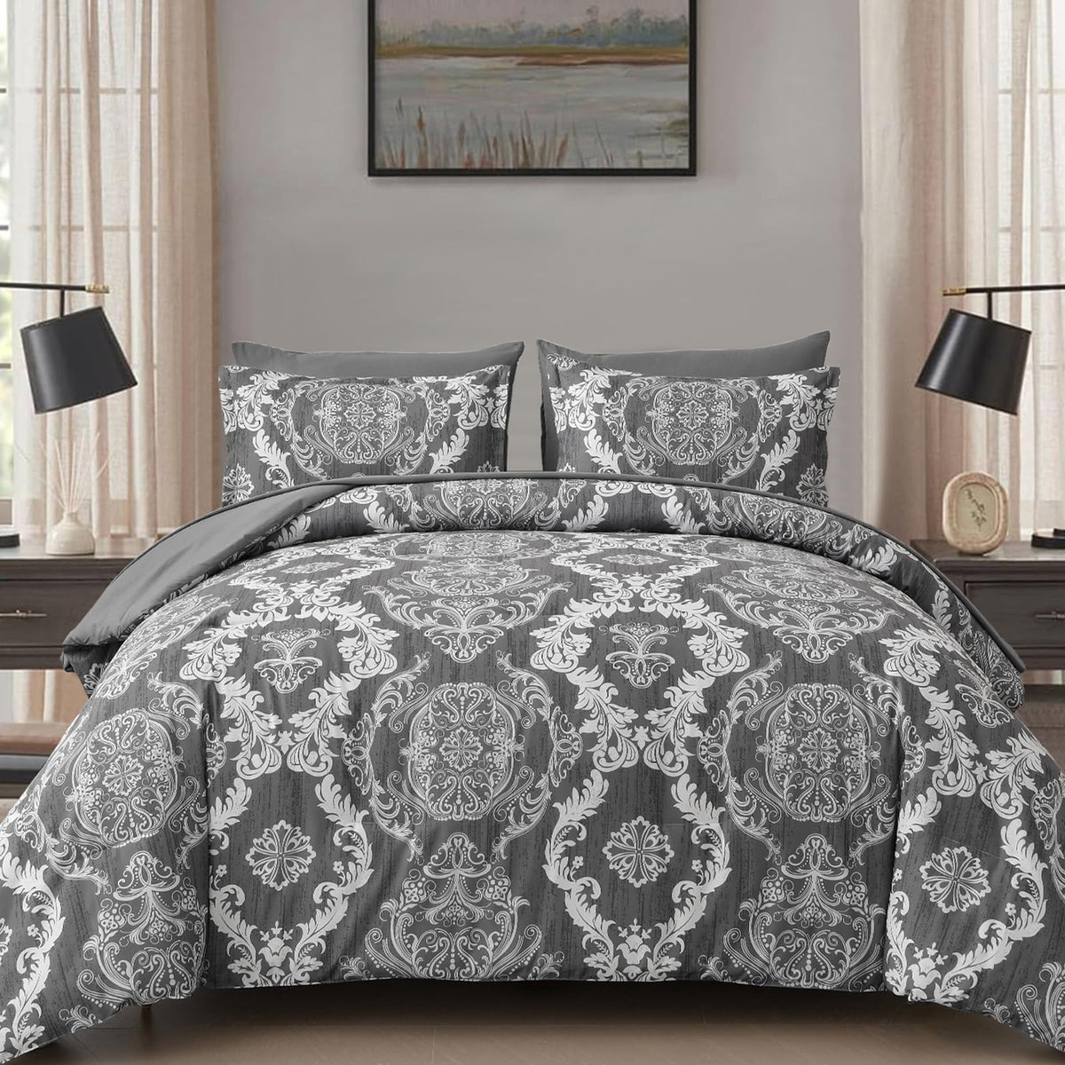 WONGS BEDDING Black Comforter Set King Size, Gold Damask Texture 7 Pieces Bed in a Bag Microfiber Comforter Bedding Sets -1 Comforter, 1 Flat Sheet, 1 Fitted Sheet, 2 Pillow Shams, 2 Pillowcases