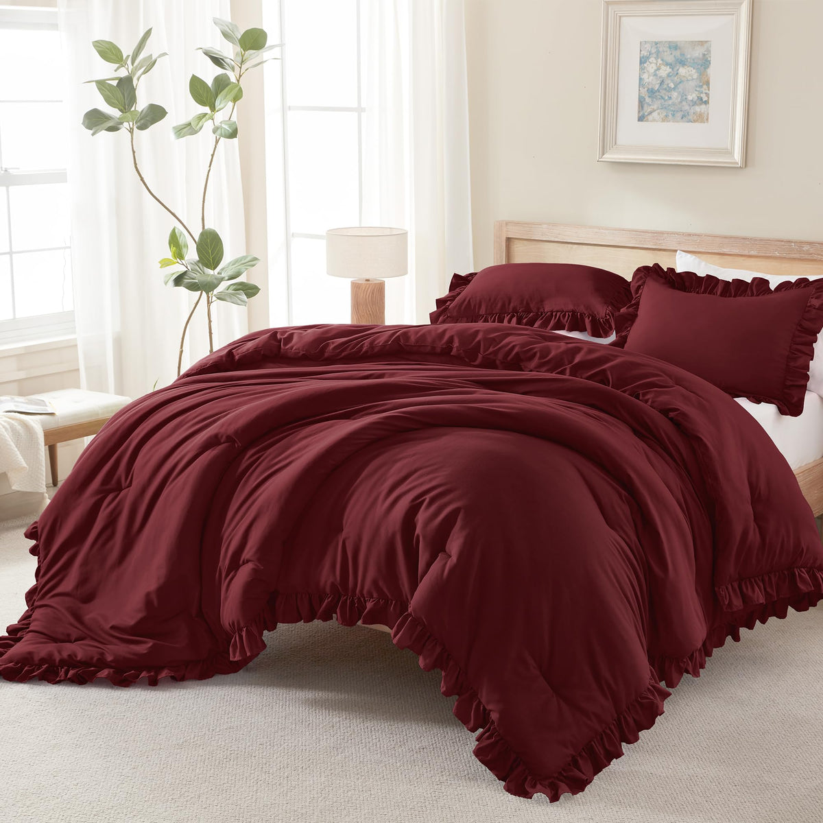 Andency White Comforter Set Queen Size, 3 Pieces Ruffle Farmhouse Bed Set
