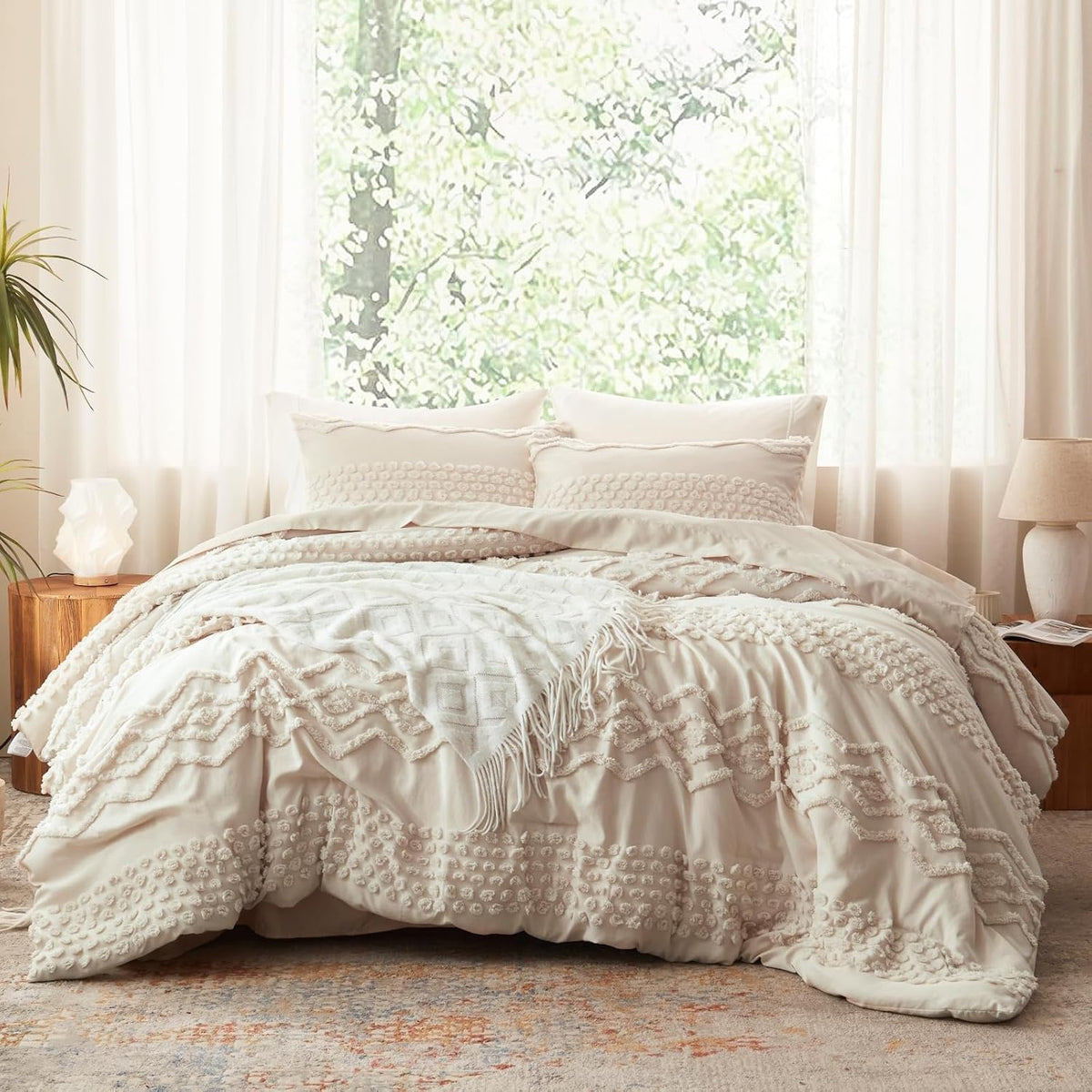 Luxudecor Beige Tufted Comforter Set, 3 Pieces Queen Size Boho Bedding Set