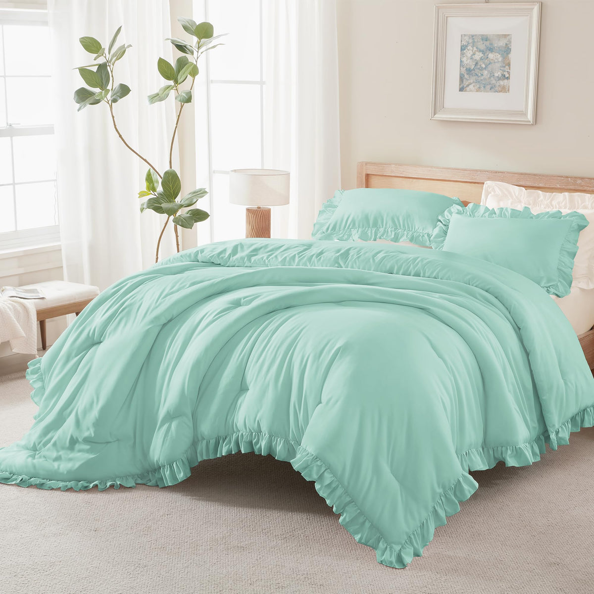 Andency White Comforter Set Queen Size, 3 Pieces Ruffle Farmhouse Bed Set
