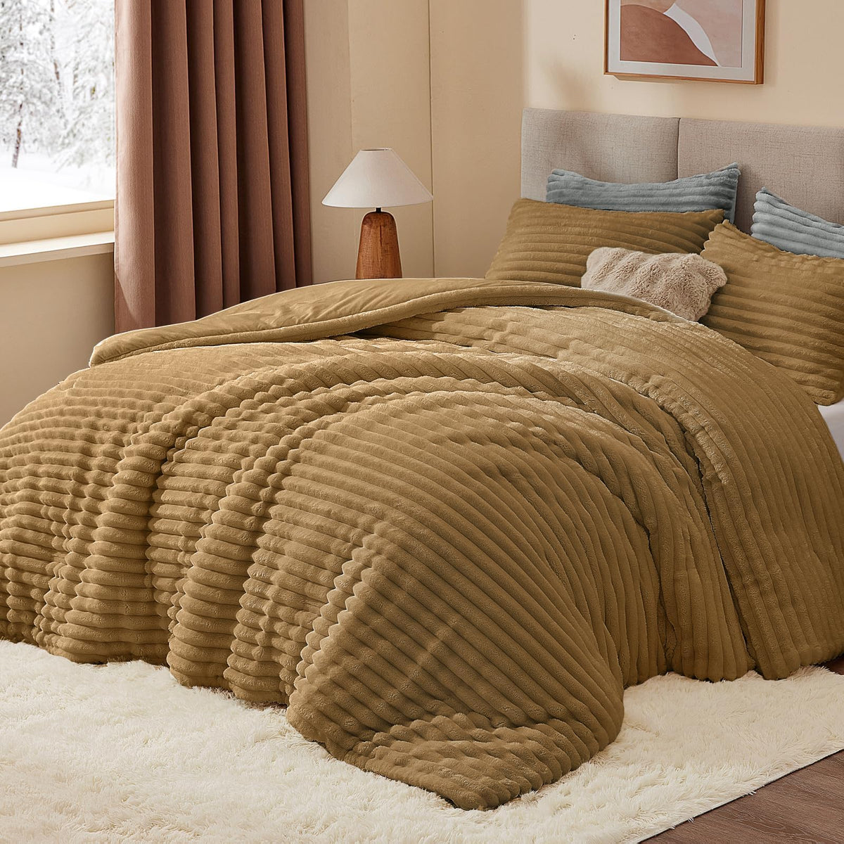 BEDELITE Fleece Queen Comforter Set, Fluffy Bed Set, Cream White
