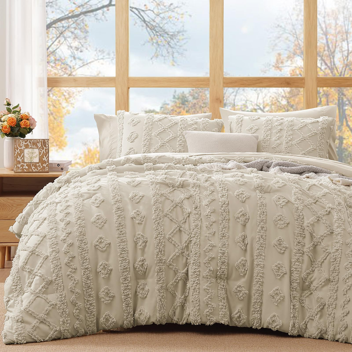 Queen Size Comforter Set- 7 Pieces Tufted Bed in a Bag Queen Bedding Sets