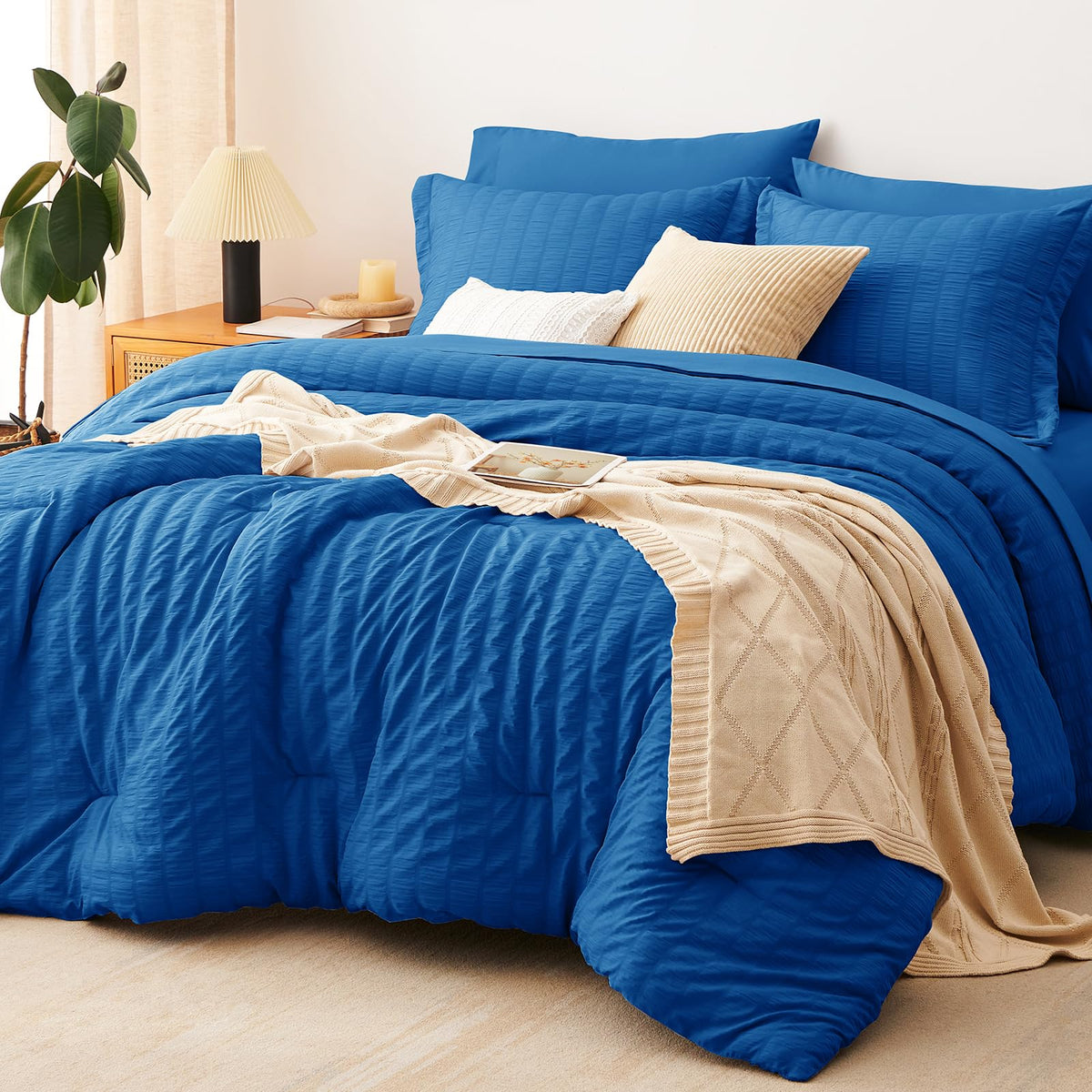CozyLux Queen Comforter Set, 7 Pieces White Seersucker Bed in a Bag