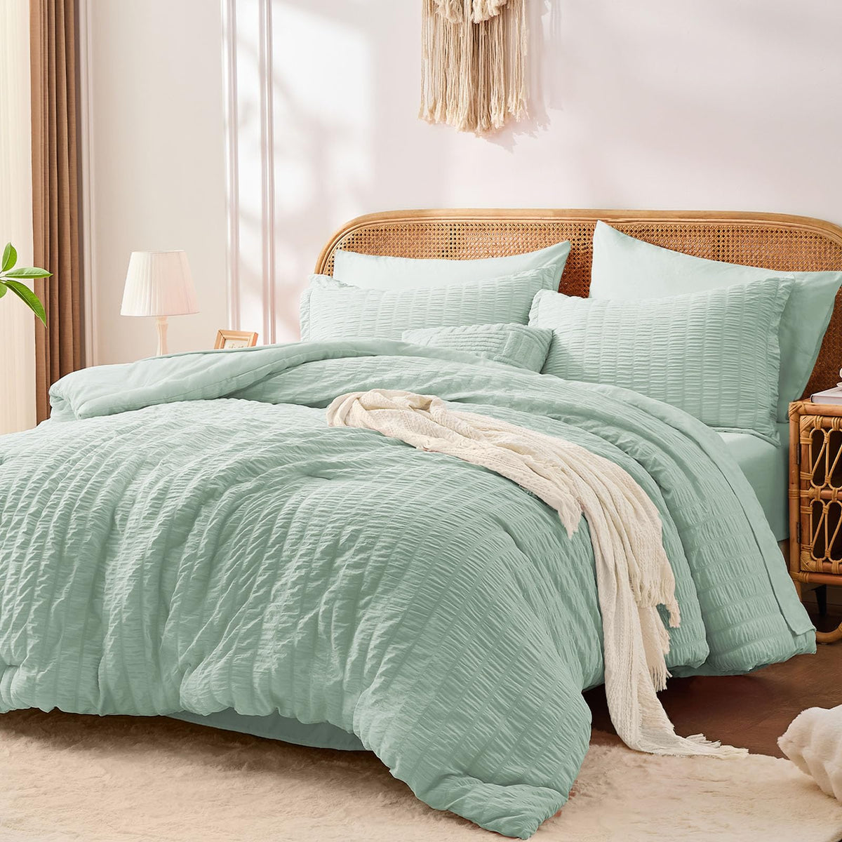 FUANNA Queen Comforter Set 7 Pieces, Pink Bed Set, Seersucker Bed in a Bag