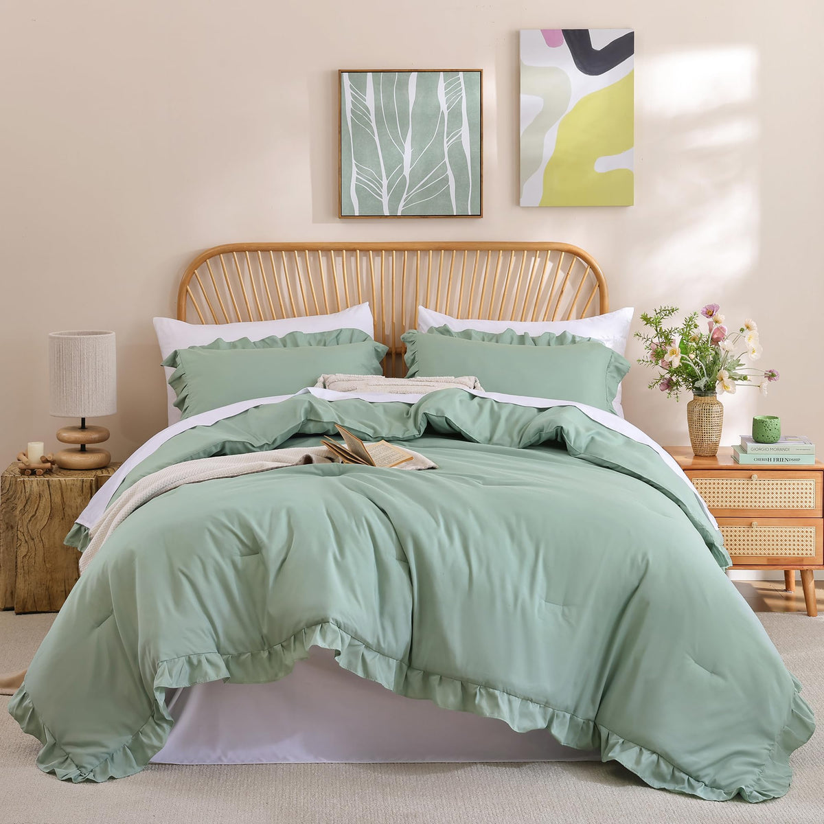 JANZAA Blush Pink Comforter Set Queen, Ruffle Soft Bedding