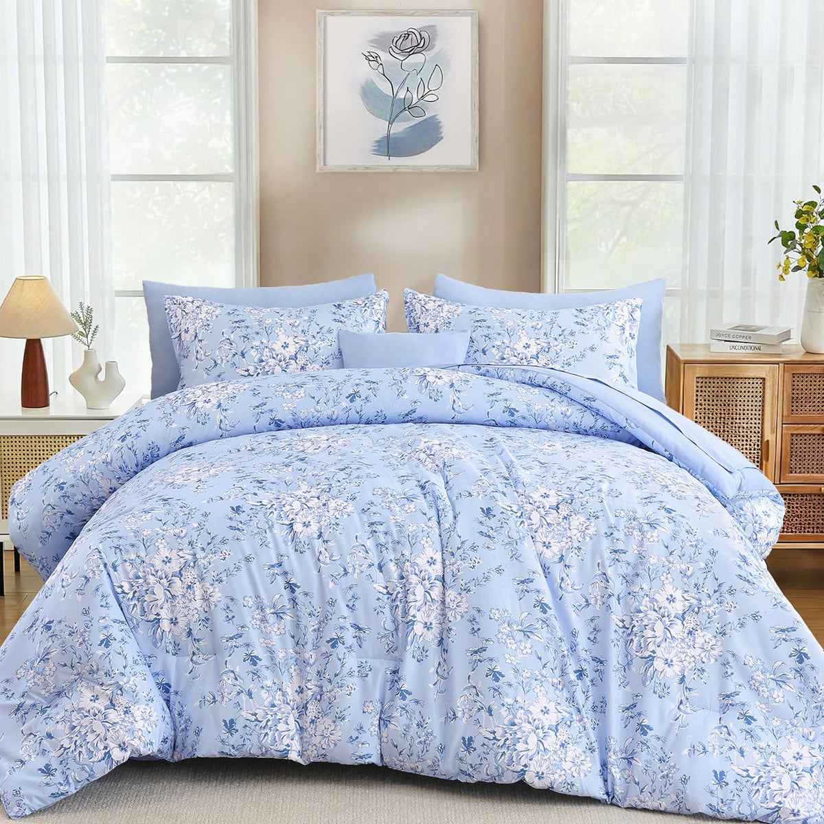 WONGS BEDDING 8 Pieces King Size Comforter Set Green,Sage Green Floral Bed in a Bag Comforter Sets, Soft Reversible Botanical Flowers Bedding Sets for All Season (90"x104")