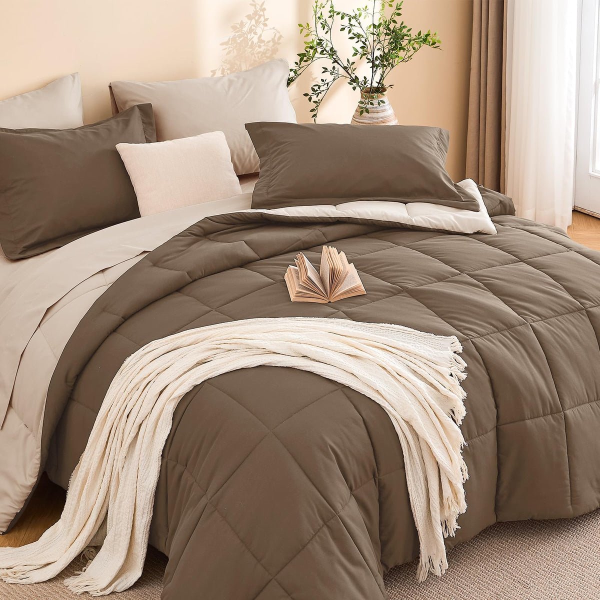 MUXHOMO Queen Comforter Set with Sheets Brown - 7 Pieces Bed in a Bag