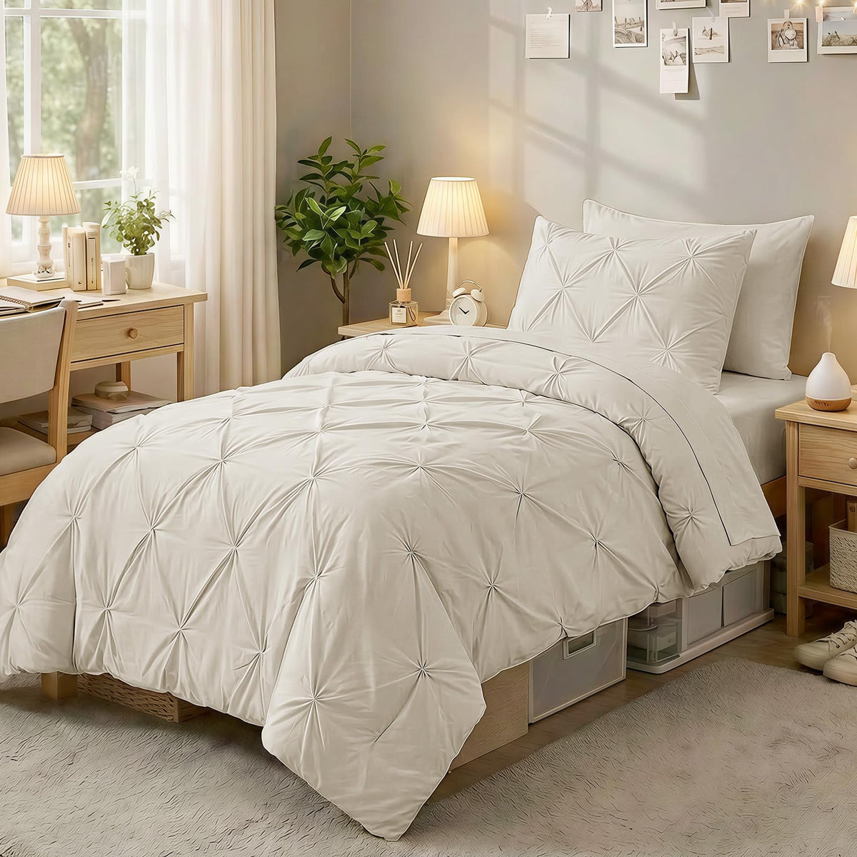 Sasttie Queen Comforter Set, 7-Piece Bed in a Bag, Pintuck Bedding Sets for All Season, Includes Comforter, Flat Sheet, Fitted Sheet, Pillowcases and Pillowshams, Beige
