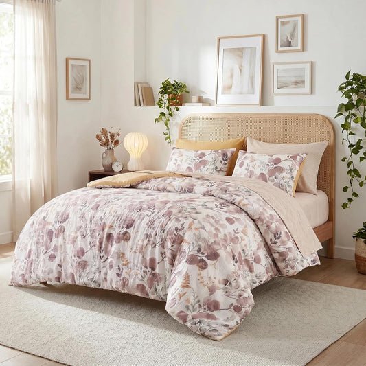 Lightweight Seersucker Botanical Comforter Set Queen Size, 9 Pieces Reversible Design Bed in A Bag Set, Premium Microfiber Bedding Set, Brown