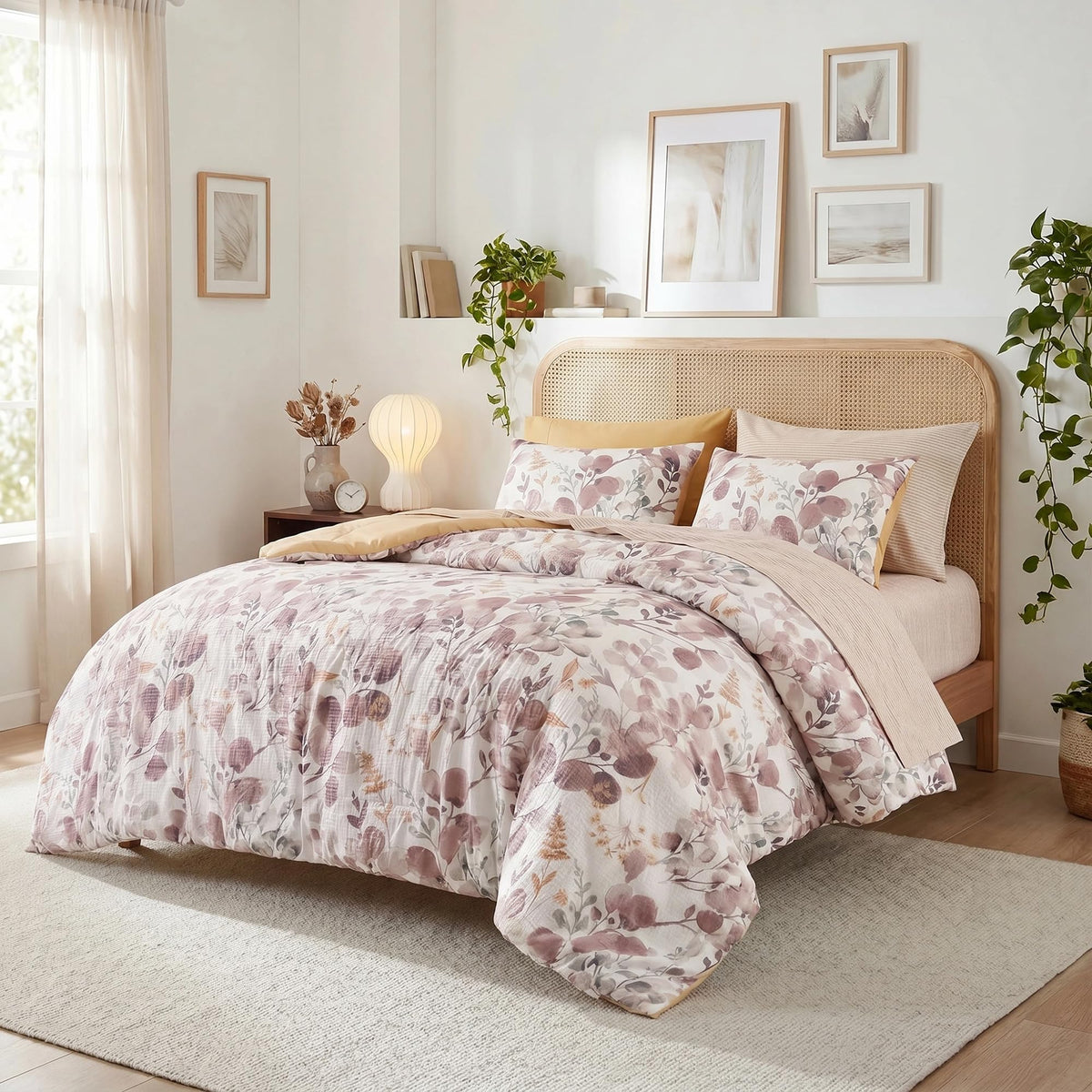 Lightweight Seersucker Botanical Comforter Set Queen Size, 9 Pieces Reversible Design Bed in A Bag Set, Premium Microfiber Bedding Set, Brown