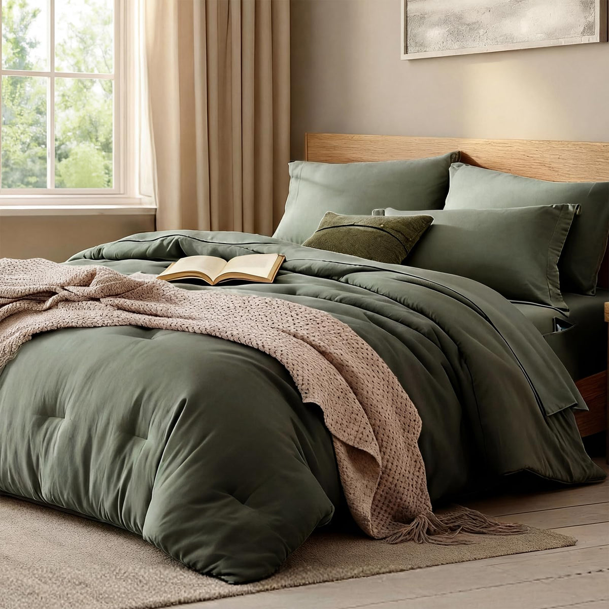 Queen Comforter Set-7 Pieces Soft Prewashed Bed in a Bag Queen Bedding Sets