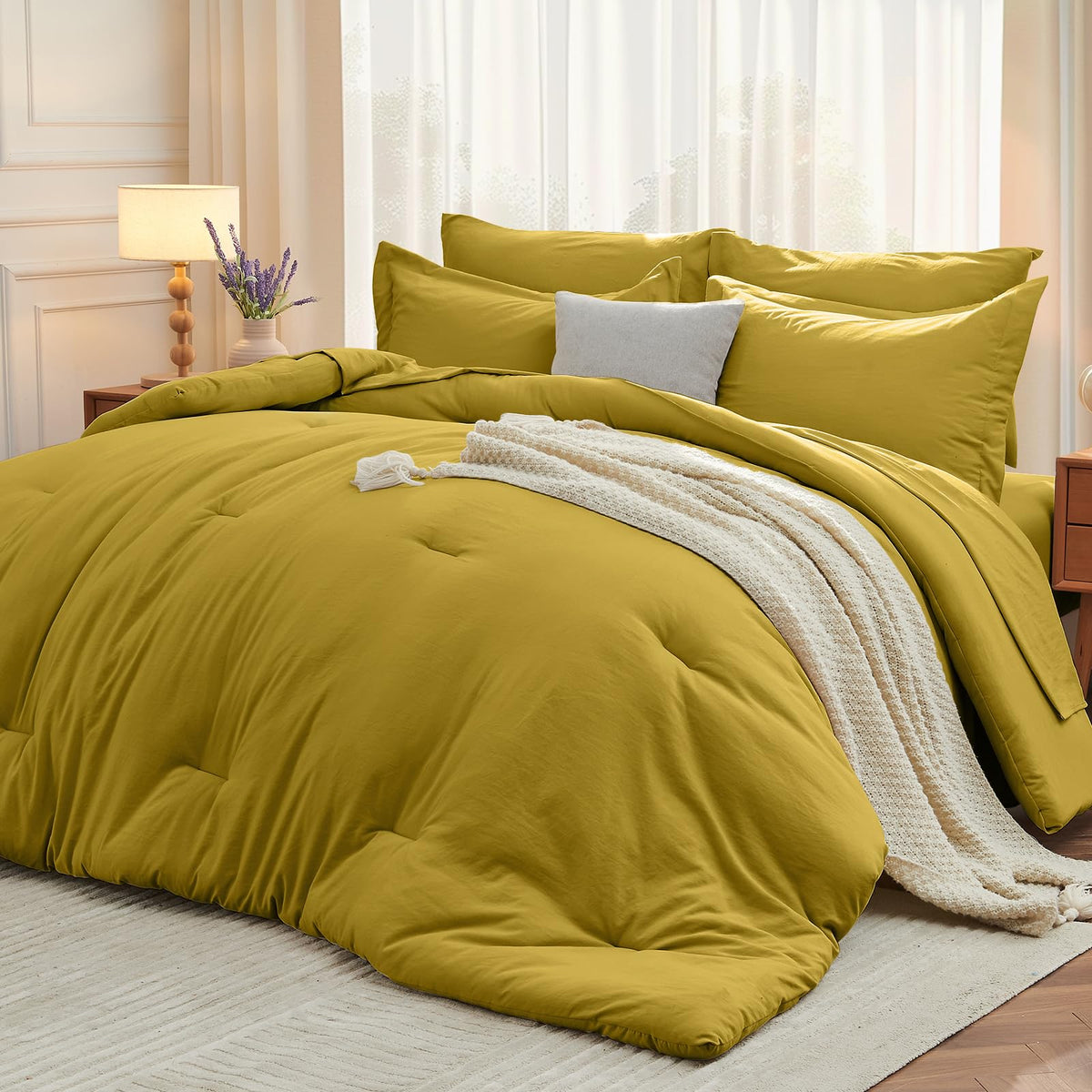MUXHOMO 7 Pieces California King Comforter Set, Soft Bed in a Bag Cal King Size, All Season Bedding Set with Comforter, Flat Sheet, Fitted Sheet, Pillowcases & Shams, Beige