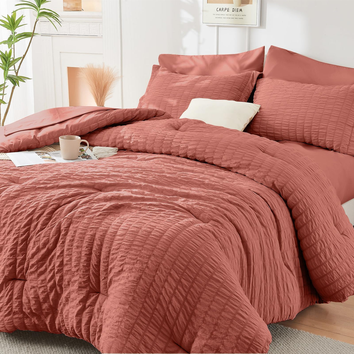 HYMOKEGE Queen Comforter Set Seersucker 7 Pieces, All Season Luxury Bed in a Bag for Bedroom, Bedding Set with Comforters, Sheets, Pillowcases & Shams, Dark Grey