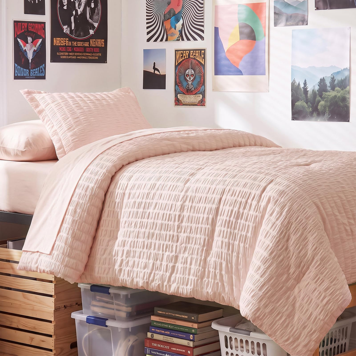CozyLux Queen Comforter Set, 7 Pieces White Seersucker Bed in a Bag