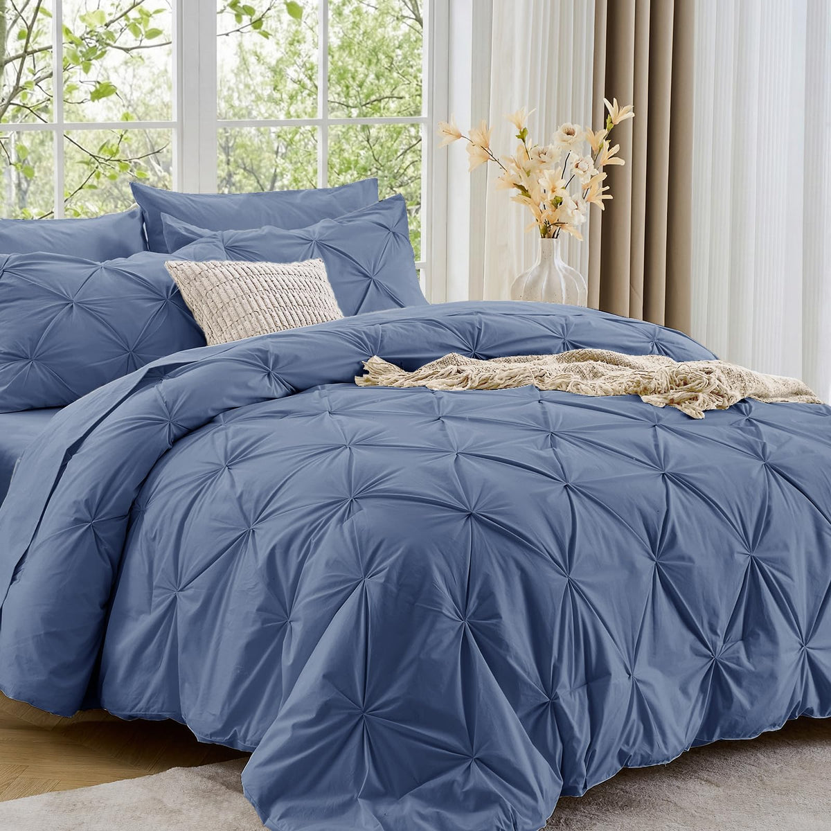 Sasttie Queen Comforter Set, 7-Piece Bed in a Bag, Pintuck Bedding Sets for All Season, Includes Comforter, Flat Sheet, Fitted Sheet, Pillowcases and Pillowshams, Beige