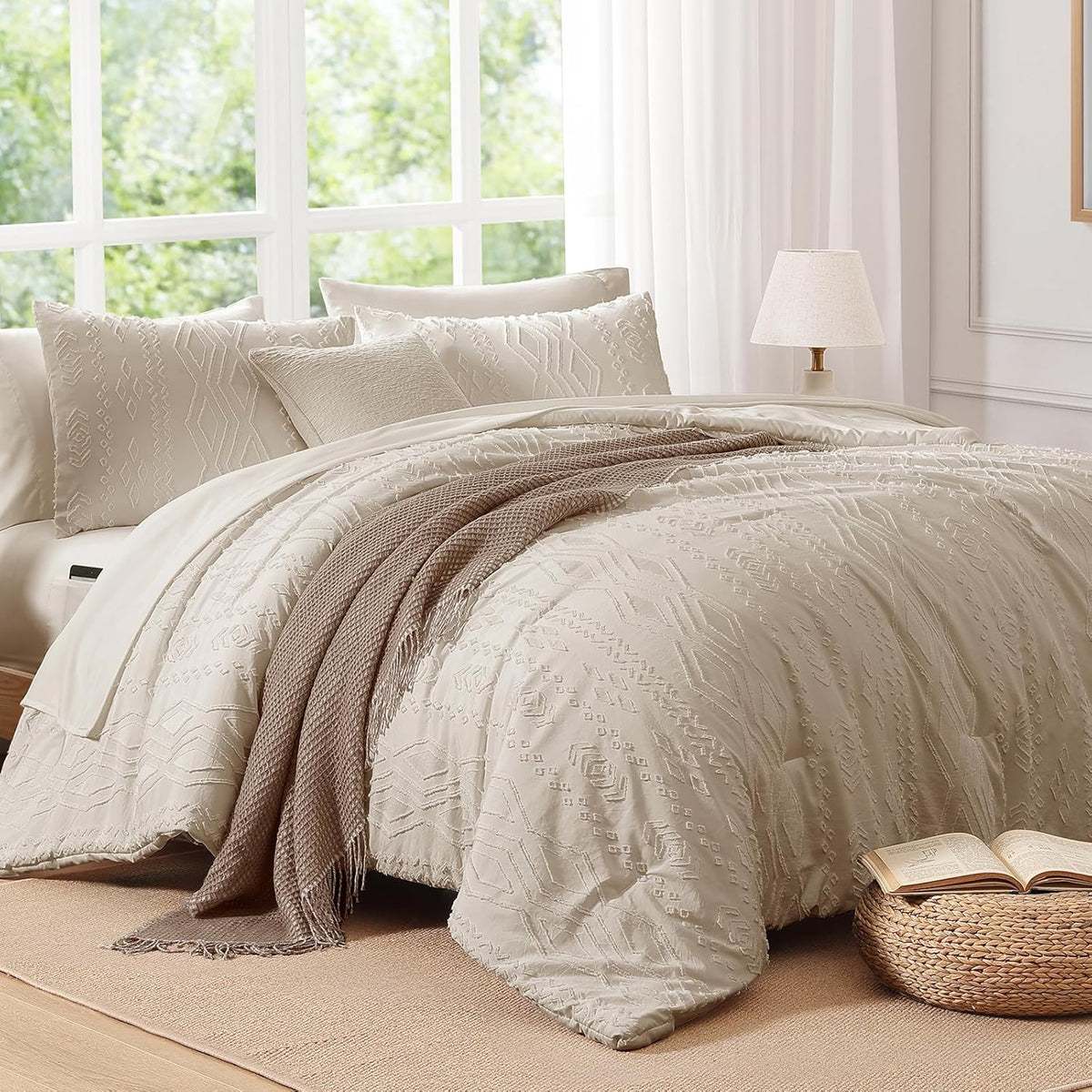 King Size Comforter Set Beige Tufted Boho Bedding Sets Farmhouse 7 Pieces