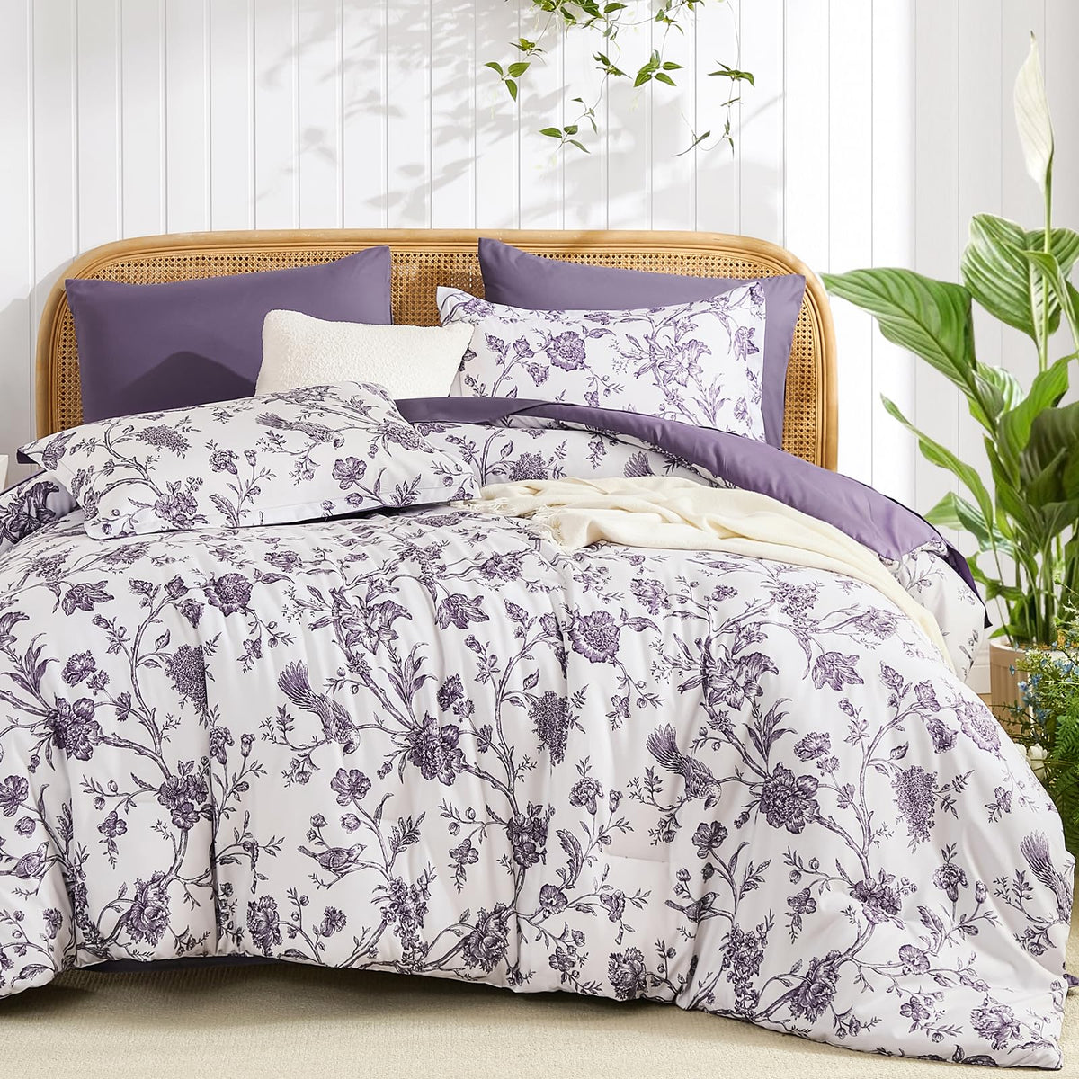 Luxudecor Sage Green Floral Queen Comforter Set, 7 Pieces Bed in a Bag