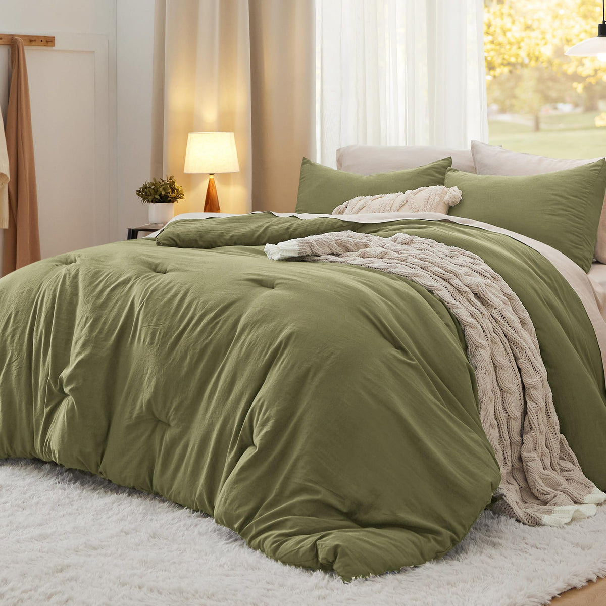 Bedsure Queen Comforter Set Prewashed Soft Bedding Set 3Pcs Beige 90"x90"