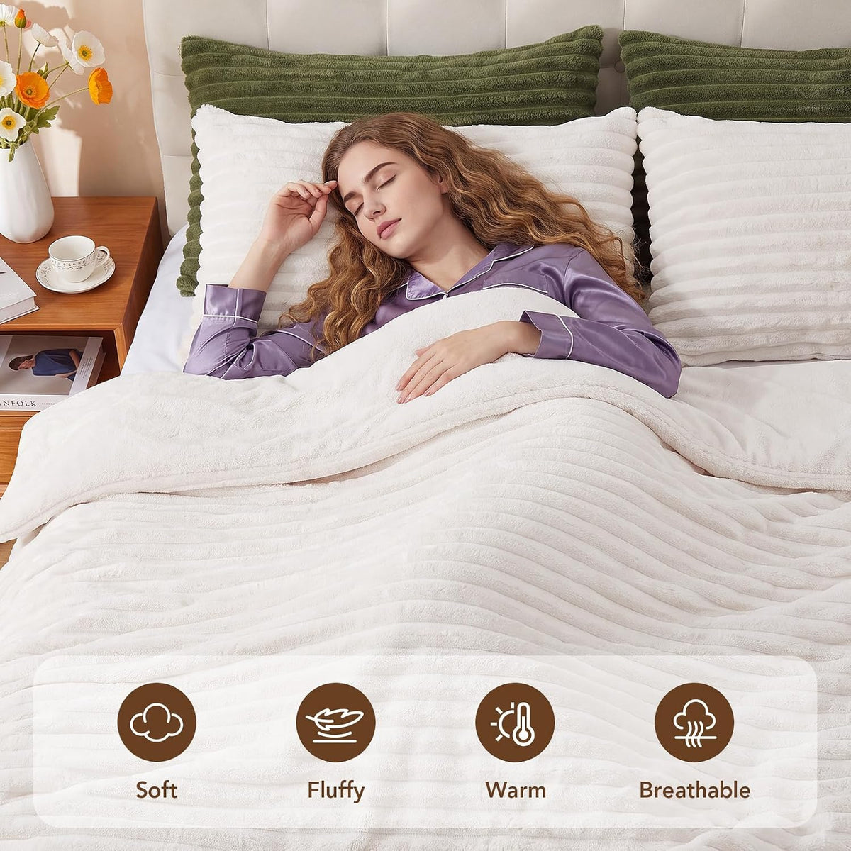 HYLEORY Fluffy Queen Comforter Set 3 Pieces - Fleece Fluffy Soft & Warm Plush Cream White Comforter Sets, Luxury Fuzzy Bedding Sets, All Season Heavy Bed Set Queen Size with 2 Pillowcases