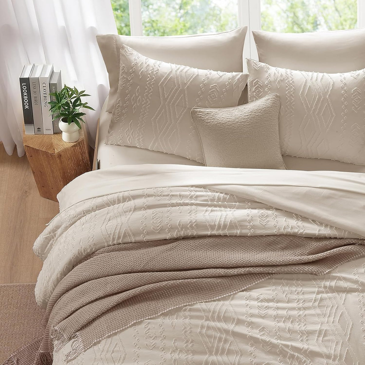 King Size Comforter Set Beige Tufted Boho Bedding Sets Farmhouse 7 Pieces