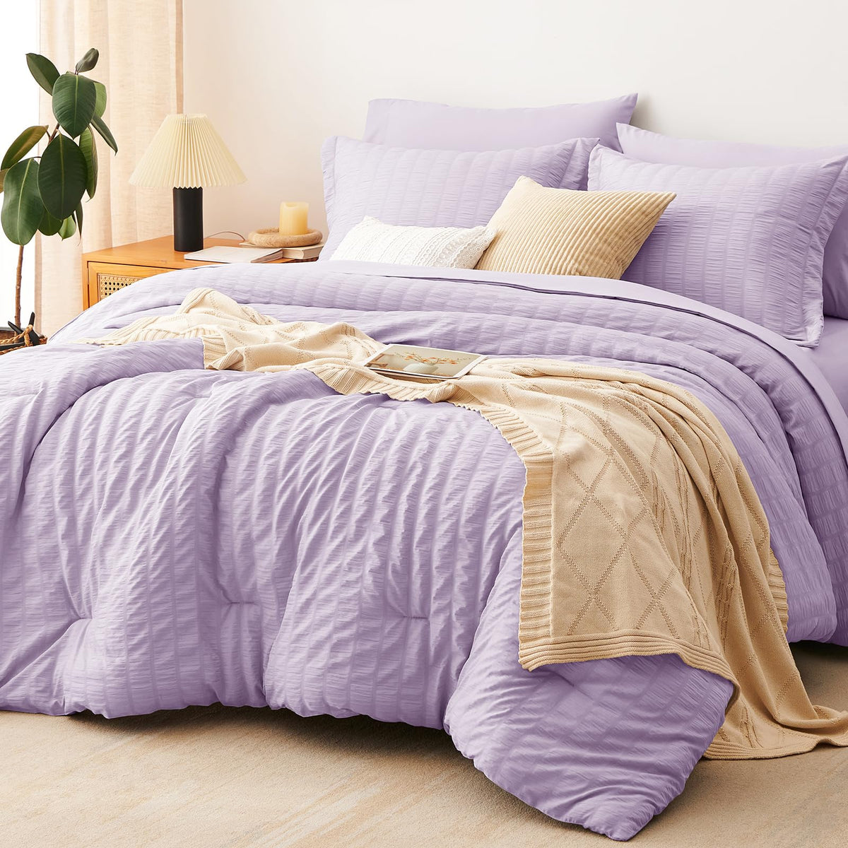 CozyLux Queen Comforter Set, 7 Pieces White Seersucker Bed in a Bag