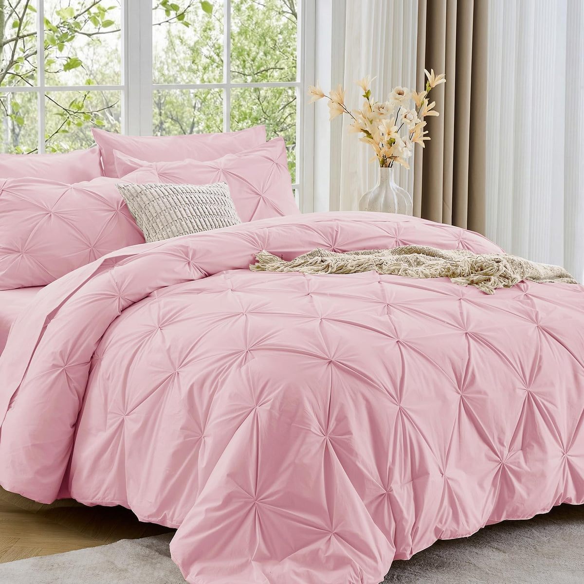 Sasttie Queen Comforter Set, 7-Piece Bed in a Bag, Pintuck Bedding Sets for All Season, Includes Comforter, Flat Sheet, Fitted Sheet, Pillowcases and Pillowshams, Beige