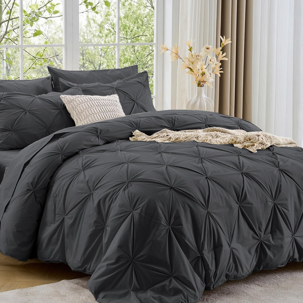 Sasttie Queen Comforter Set, 7-Piece Bed in a Bag, Pintuck Bedding Sets for All Season, Includes Comforter, Flat Sheet, Fitted Sheet, Pillowcases and Pillowshams, Beige