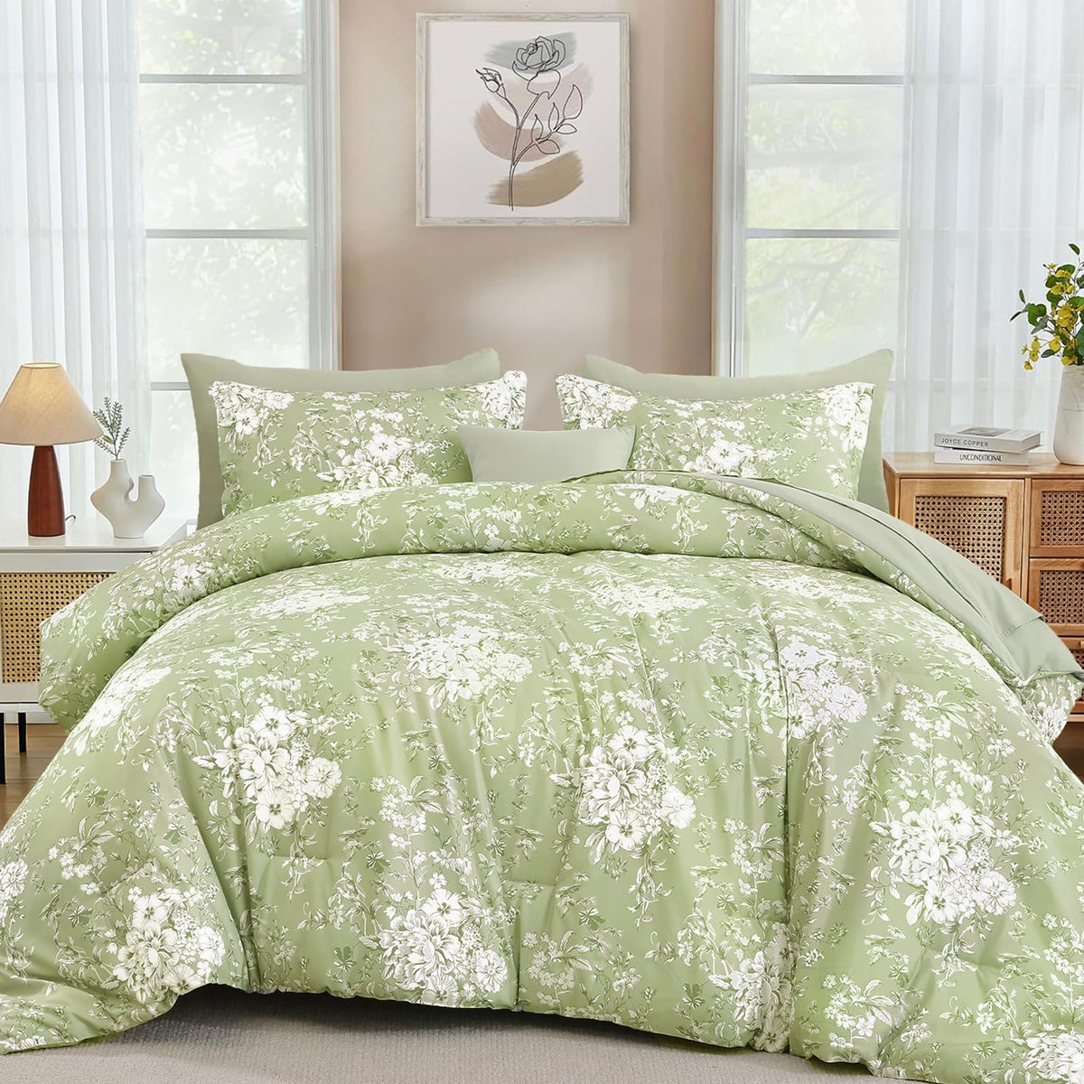 WONGS BEDDING 8 Pieces King Size Comforter Set Green,Sage Green Floral Bed in a Bag Comforter Sets, Soft Reversible Botanical Flowers Bedding Sets for All Season (90"x104")