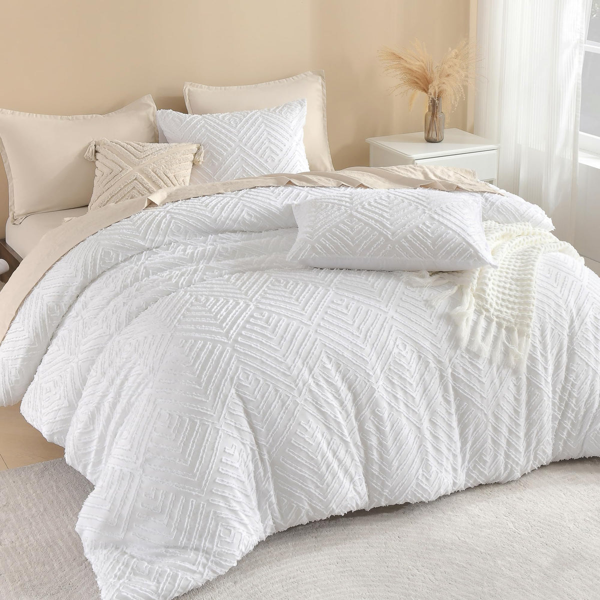 Litanika California King Comforter Set, 3 Pcs Beige Tufted Boho Bedding Set